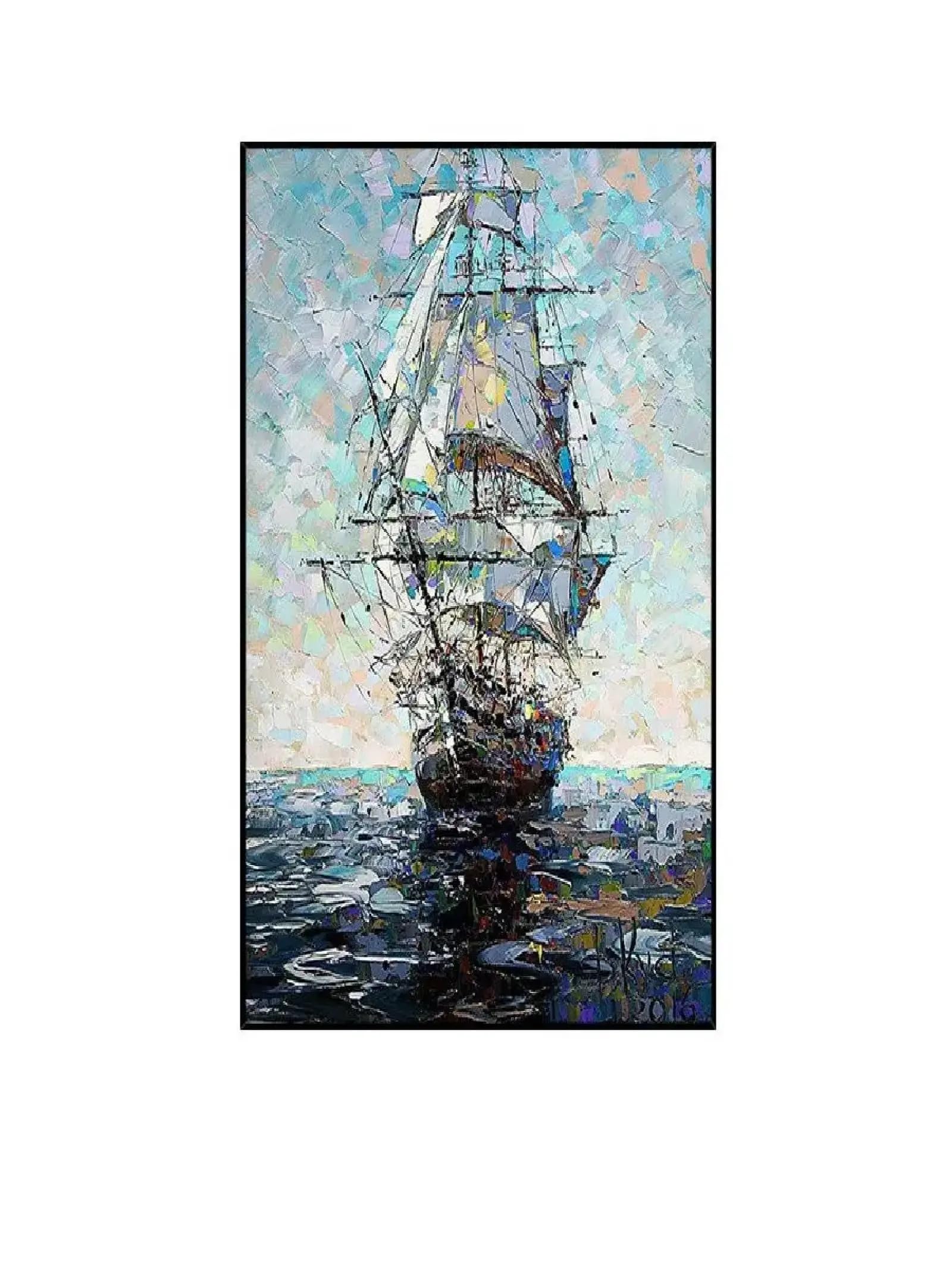 Paysage marin abstrait sur grande toile de lin 80 x 160 cm