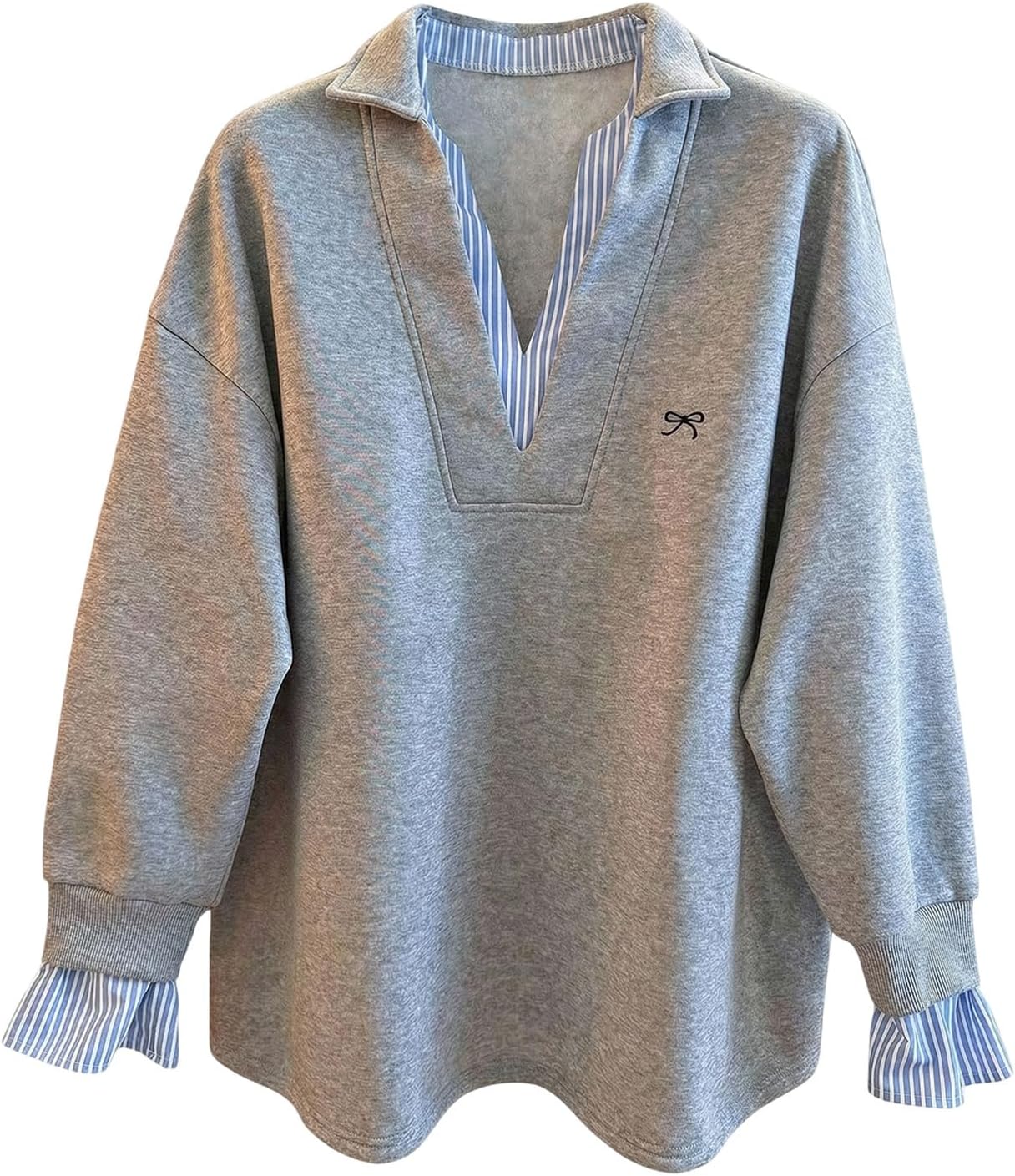 Women's Plus Size Striped Collared V Neck Sweatshirts Bow Embroidered Long Sleeve 2 in 1 Pullover Tops