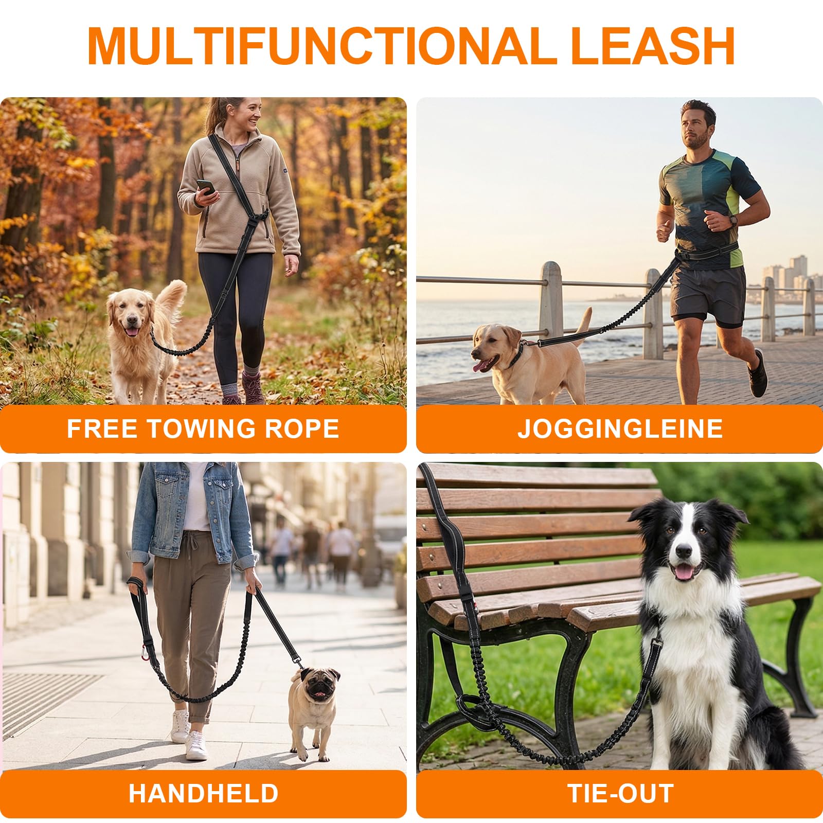 Correa para perros manos libres para hombro y cuerpo (1,4 – 1,95 m) con cómodas asas dobles y mosquetón de seguridad ajustable – perfecto para perros medianos y grandes coches. Ideal para senderismo y