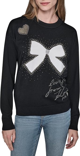 KARL LAGERFELD Womens Long Sleeve Crew Neck Bow Tattoo Sweater