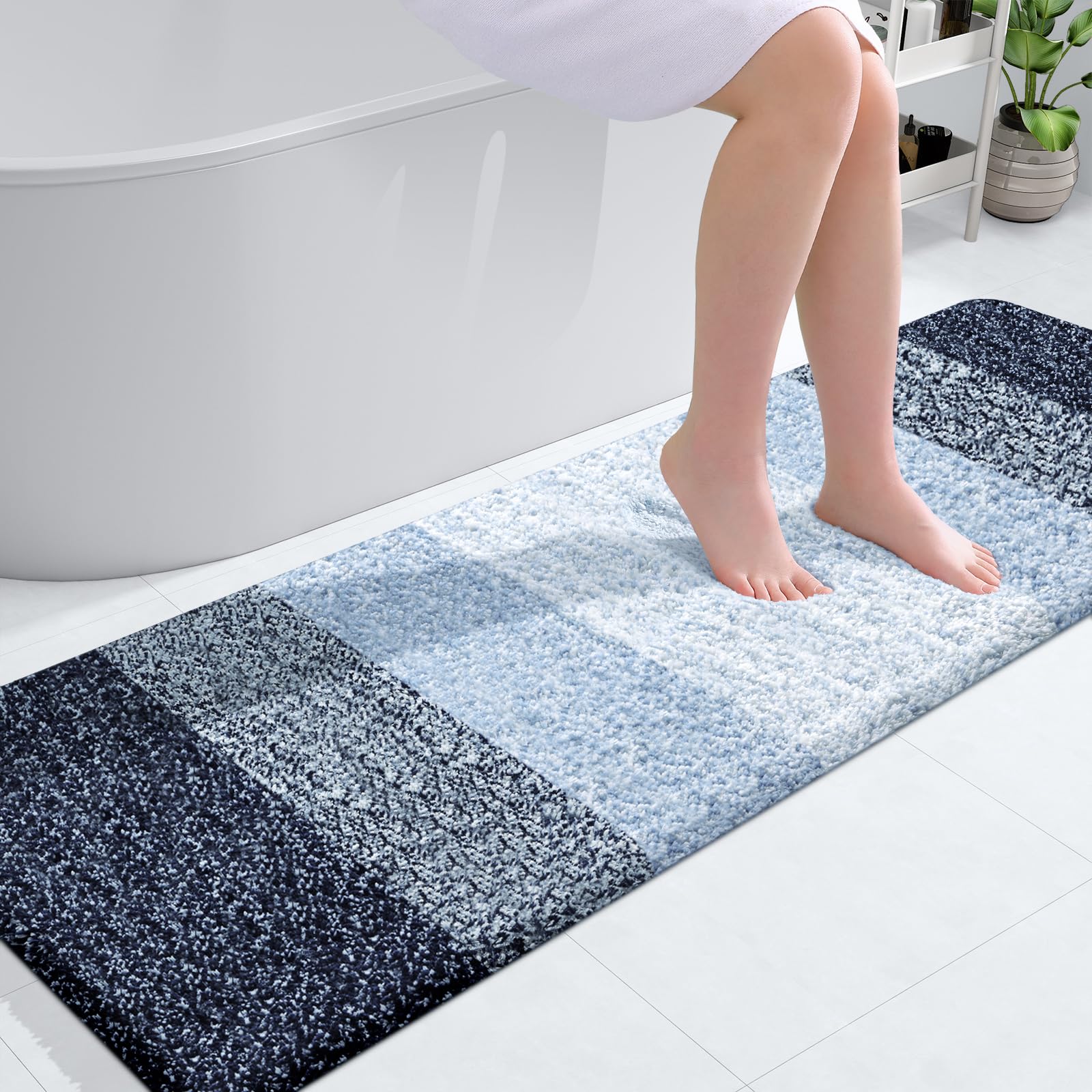 OLANLY Bathroom Runner Rug 59x20, Extra Soft Absorbent Microfiber Bath Rugs | Navy Blue, Non-Slip Quick-Drying Rubber Backing, Washable Long Bath Mat for Floor, Tub and Shower, Home Decor