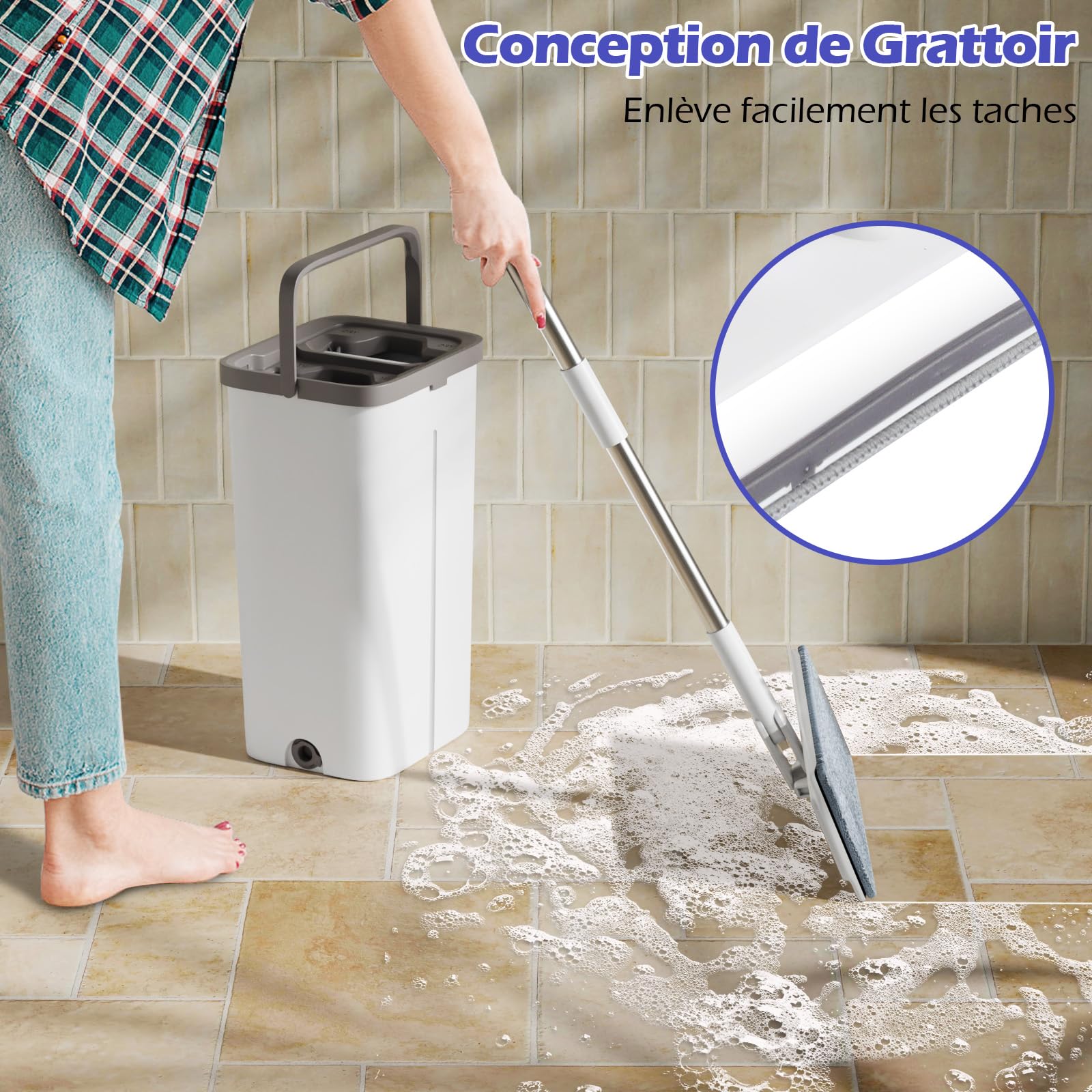 Mopa giratoria 360° con cubo, 2 en 1, cubo escurridor, microfibra, fregona plana, con 5 mopas reutilizables, mango de acero inoxidable, para limpiar todo, blanco