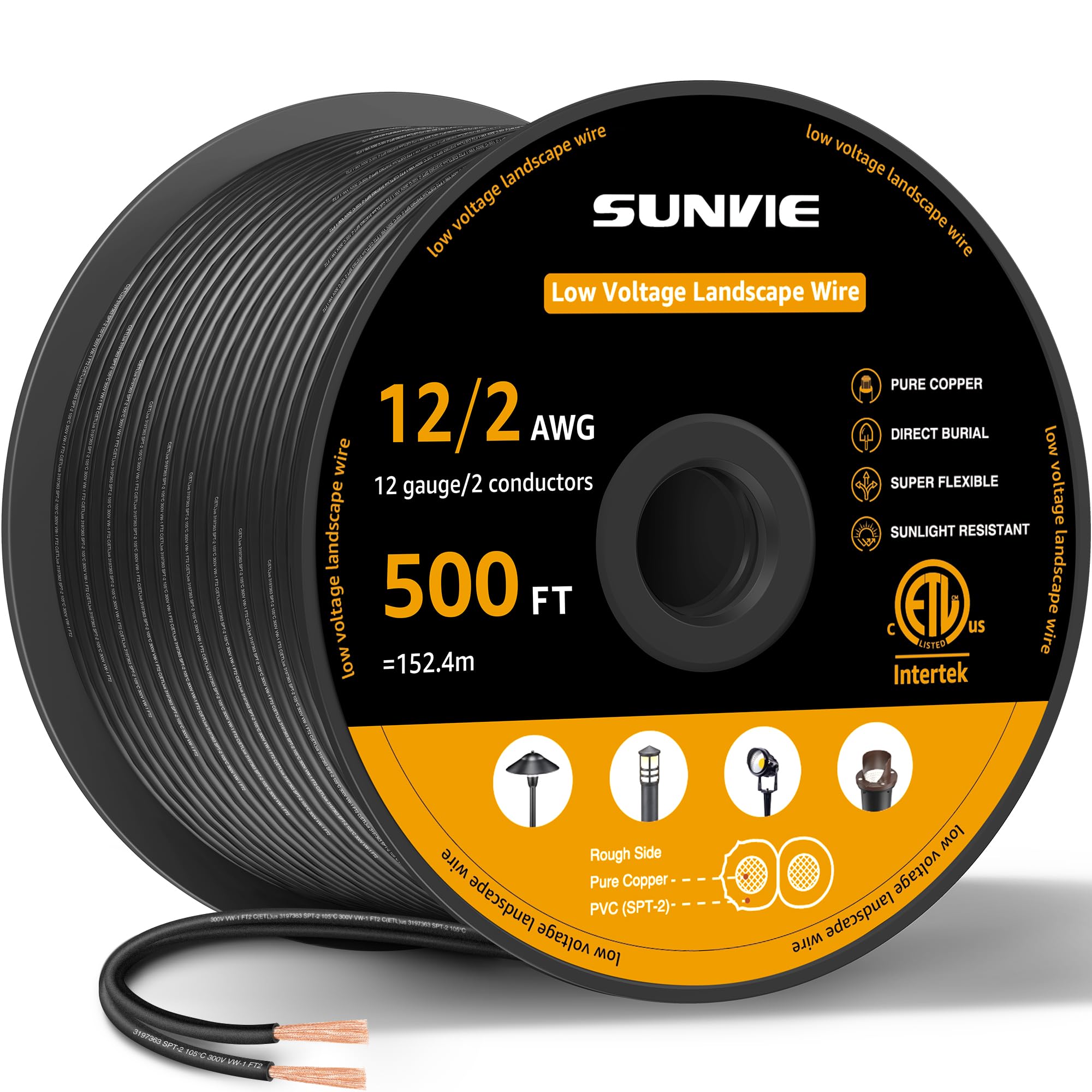 sunvie 12/2 low voltage landscape wire 12 gauge pure copper wire, 500ft | pure copper, direct burial, etl listed, weatherproof, with spool, 12 gauge 2 conductor for outdoor landscape lighting