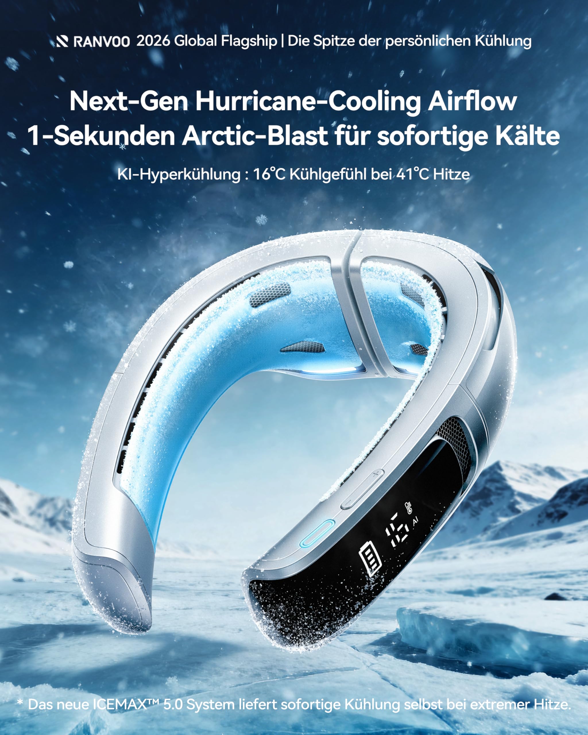 RANVOO AICE LITE MAX 2026 KI Nacken Klimaanlage [#1 Kühlster & Langlebigster] Arktischer Wind, Immenser Nackenlüfter 6000mAh Akku, Tragbarer Ventilator bläst kalte Luft, Sommer Geschenk Frostsilber