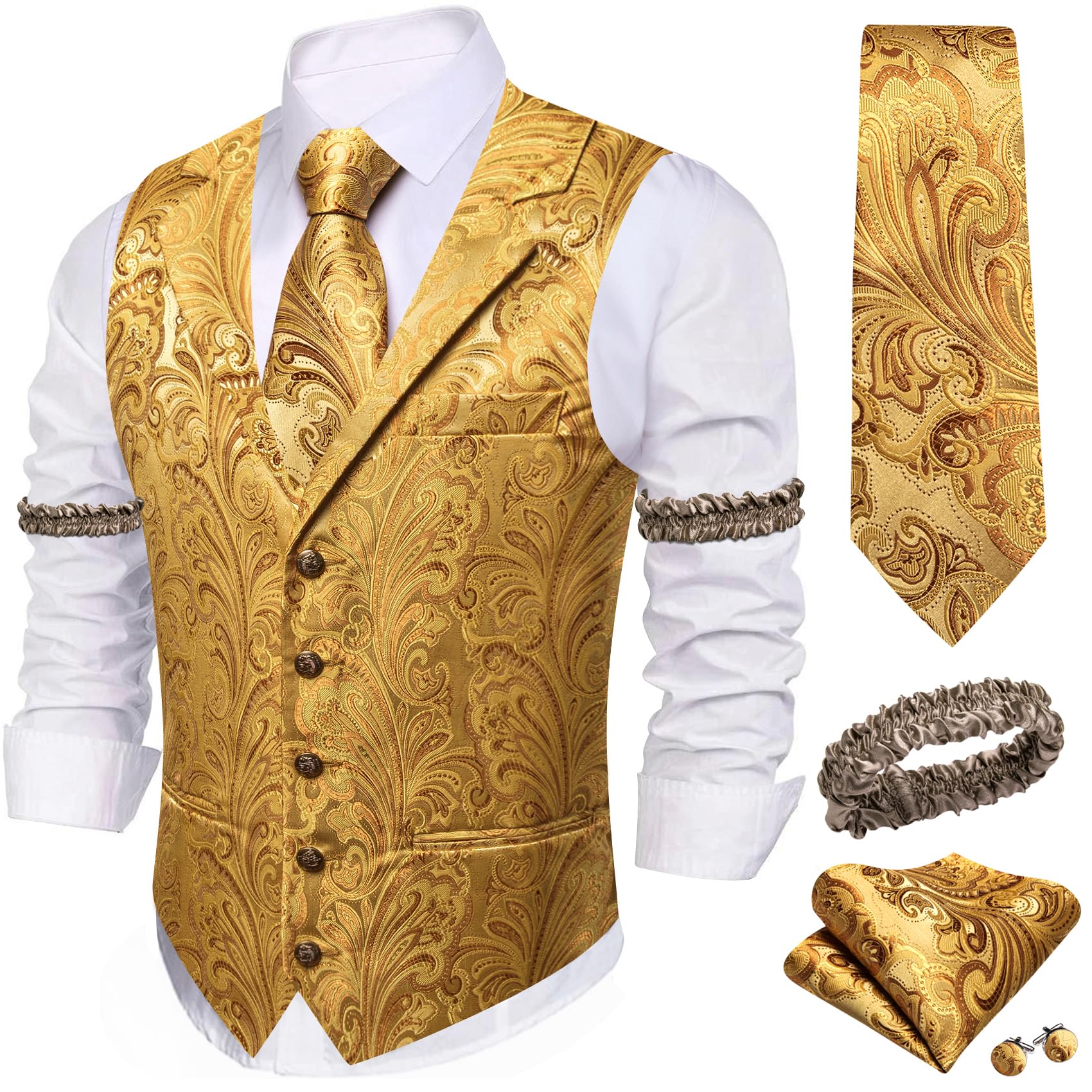 Barry.Wang Mens Silk Paisley/Floral Suit Vest Tie Sleeve Holder Set 5PCS