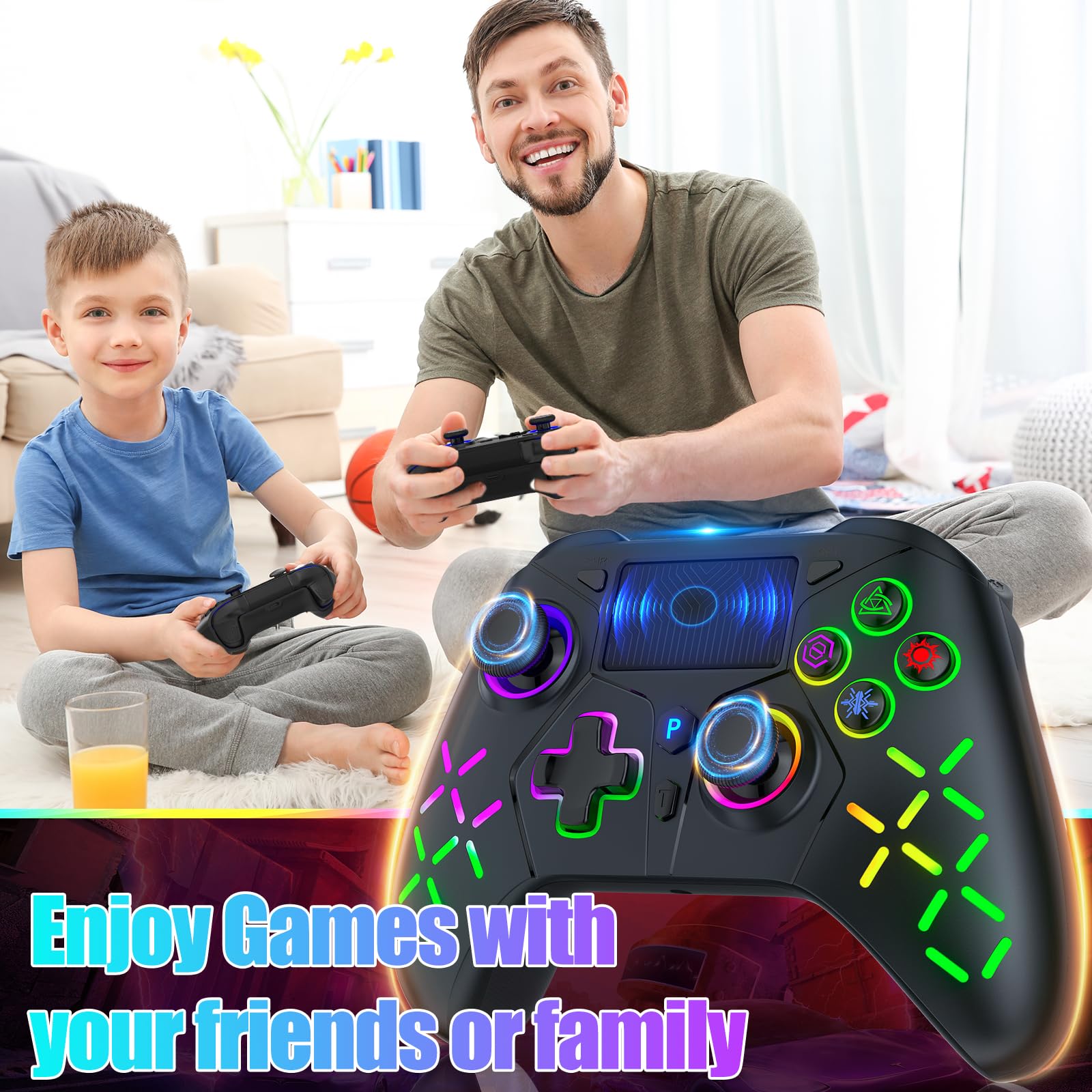 Bonacell RGB Wireless Controller für PS5/PC/P4 mit Motor-Vibration, 6-Achsen-Sensor, Turbo, 3,5-mm-Audiobuchse, Touchpad