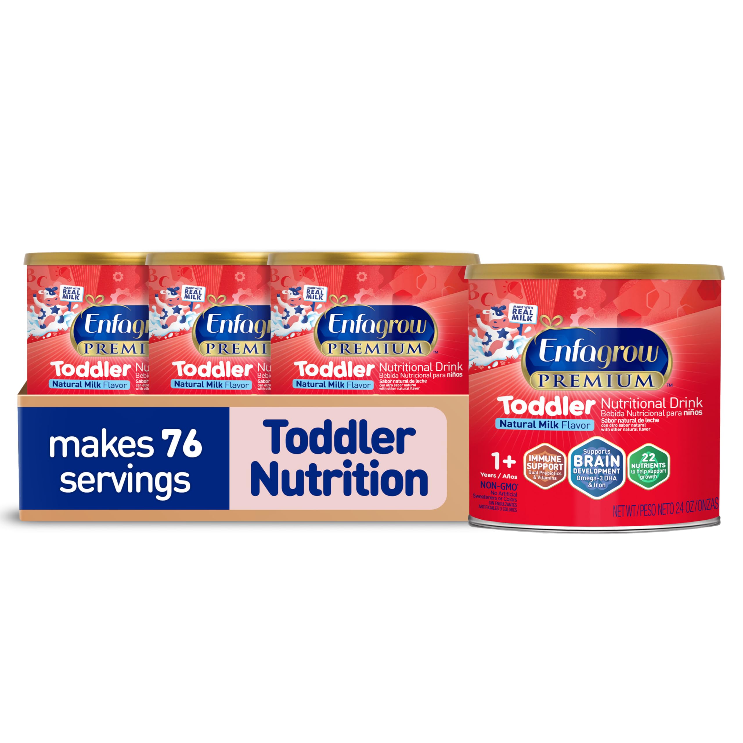 Enfagrow PREMIUM Toddler Nutritional Drink, Natural Milk Flavor, Omega-3 DHA for Brain Support, Prebiotics & Vitamins for Immune Health, Non-GMO, Powder Can, 24 Oz, Pack of 4