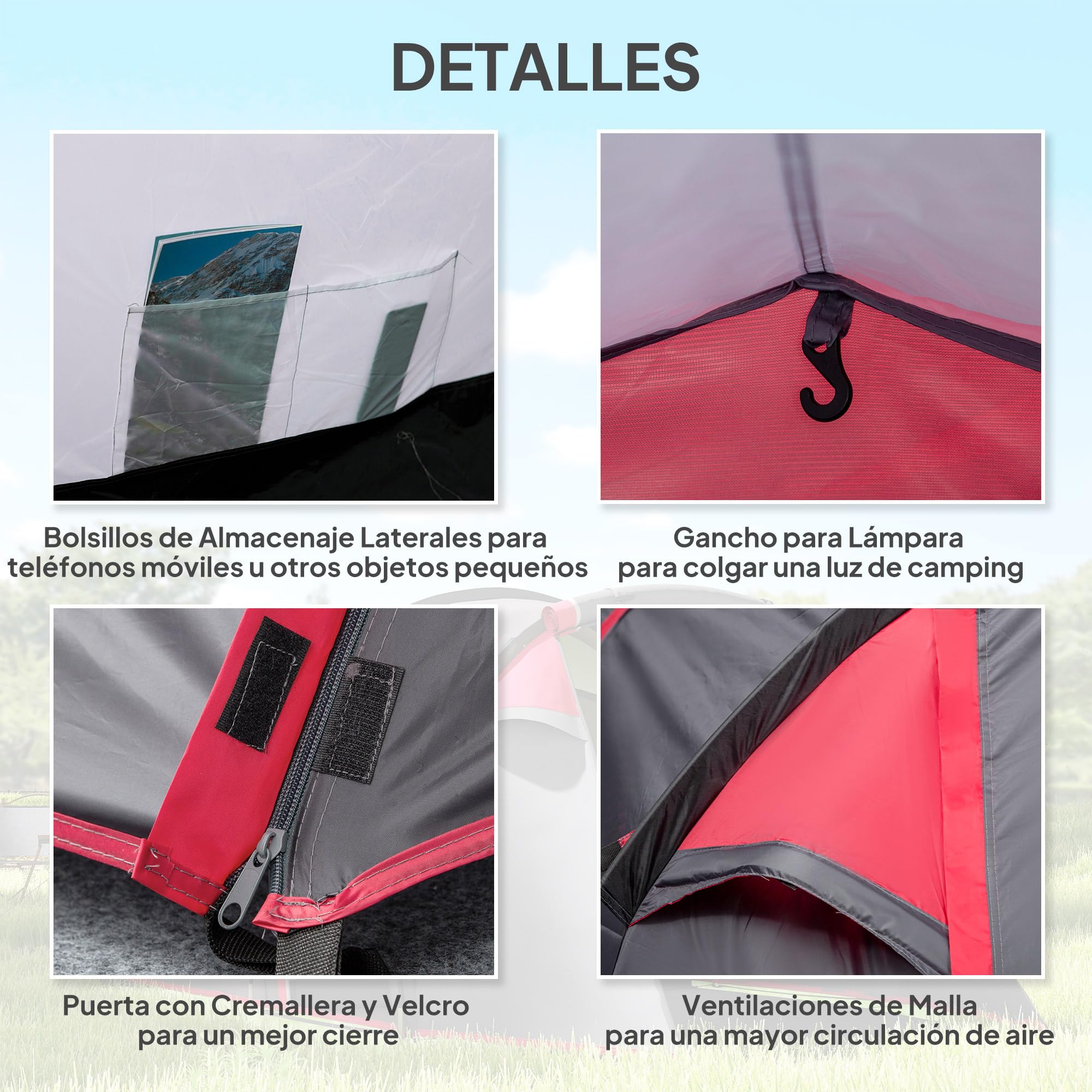 Outsunny Tienda de Campaña Familiar Tipo Túnel 2-3 Personas Plegable Impermeable 2000+ mm a Prueba de UV 20+ Ligero con Vestíbulo y 4 Estaciones para Camping Senderismo 426x206x154 cm