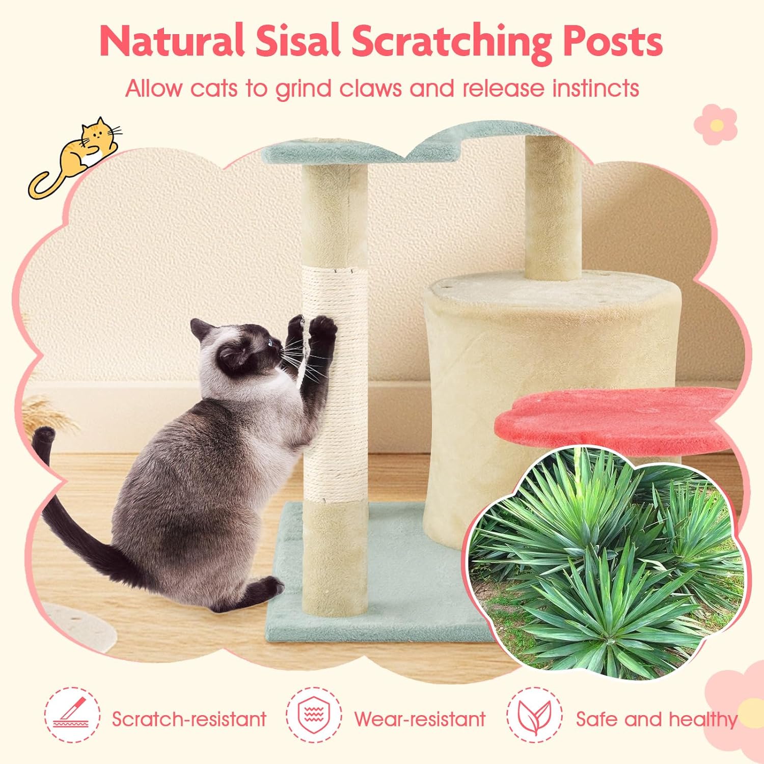 Tangkula Flower Cat Tree, 49 Inch Multi-Level Aesthetic Floral Kitten Tower with Flower-Shaped Plush Padded Perch, Condo, Sisal Scratching Posts, Dangling Ball, Cute Cat Tree Tower for Indoor Cats