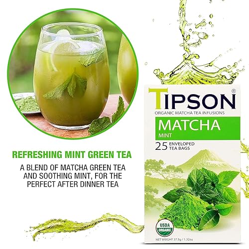 Miniatura 6 de Tipson Organic Matcha té verde - Menta orgánica - 25 bolsas de doble cámara envueltas en papel de aluminio - Beneficios antioxidantes - Suplemento