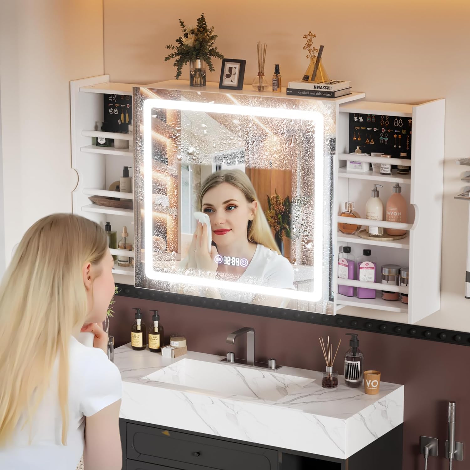 PAKASEPT Anti-Fog Lighted Bathroom Medicine Mirror Cabinet, LED Wall Mounted Medicine Cabinet with Mirror, Lighted Bathroom Mirror Cabinet 3 Doors