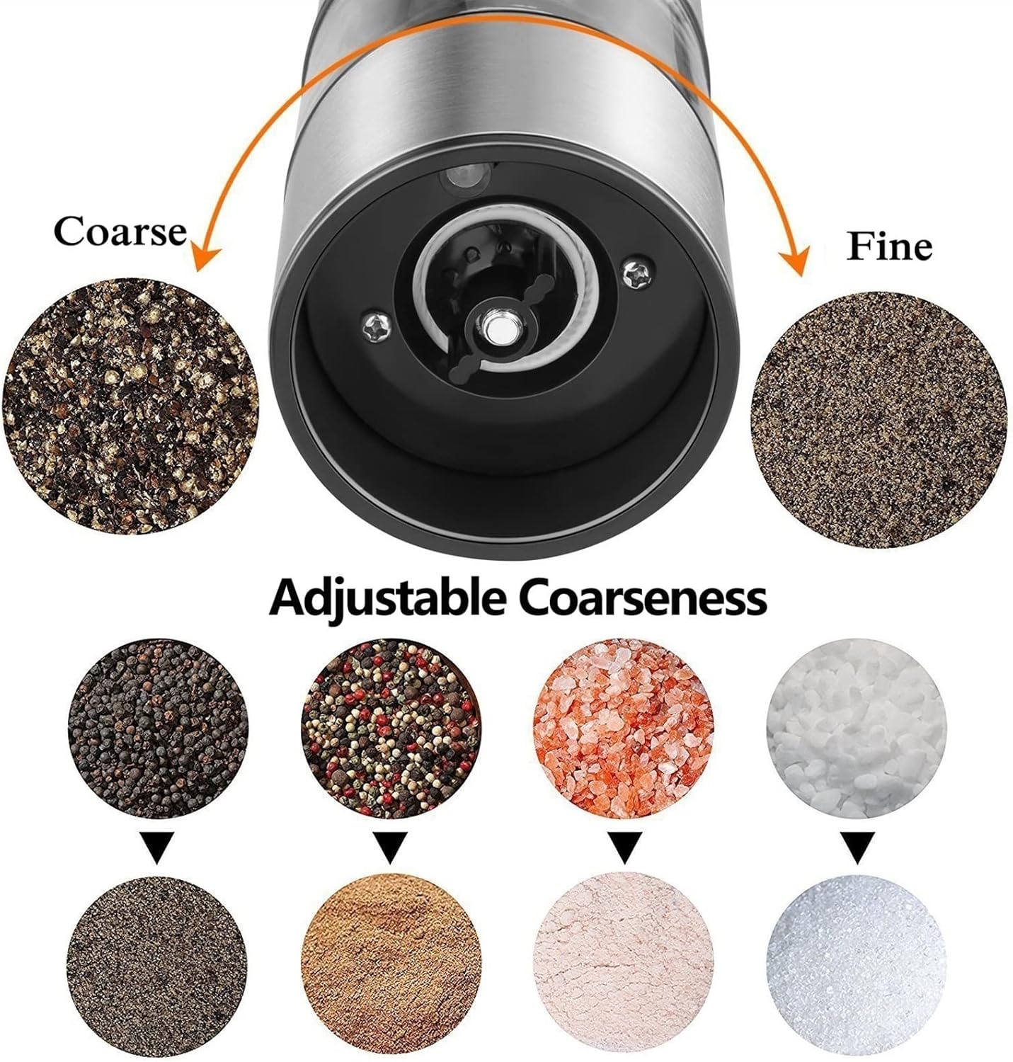 ペッパーミルまたはソルトミル ステンレススチール 電気ソルトアンドペッパーミルセット ハーブ スパイスグラインダー 粗さ調節可能 ペ
