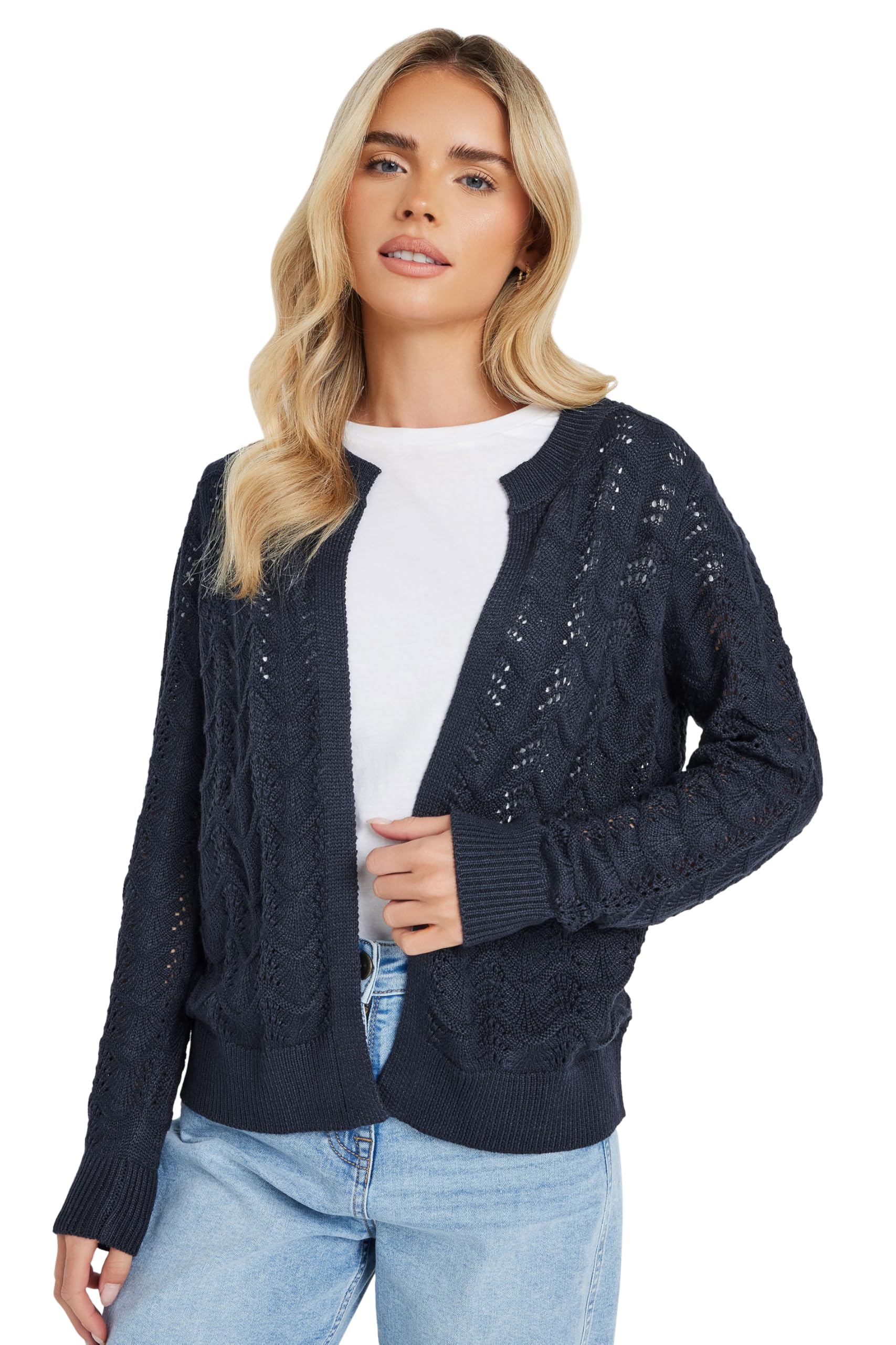 M&Co Women's Navy Petite Blue Pointelle Knitted Cardigan