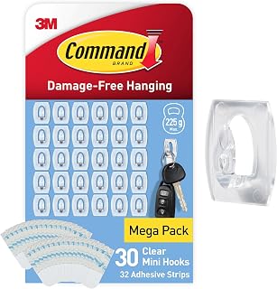Clear Mini Hooks with Clear Strips, Multi Pack of 30 Hooks, 32 Adhesive Strips - Indoor Use - Suitable for Hanging Items up to 225g - Damage Free Hanging