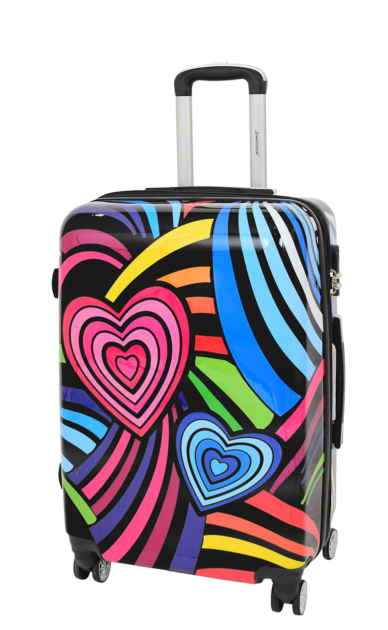 A1 FASHION GOODS Valigia da viaggio espandibile, rigida, con cuori multicolore, 4 ruote, Multicolore, MEDIUM 66x42x26cm, 3.7kg, Valigia