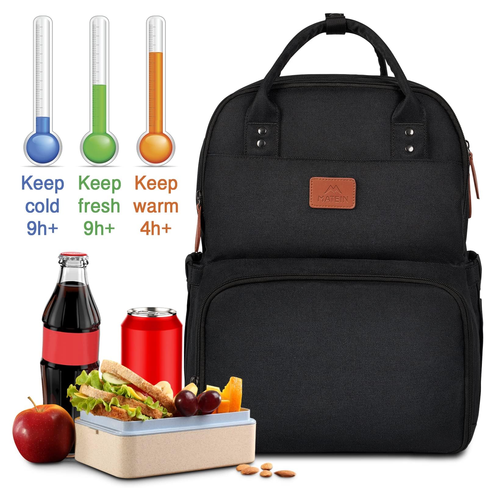 MATEIN Zaino Porta PC Uomo Donna 15,6 Pollici con Scomparto Porta Pranzo Termico, Zaino da Viaggio 40x30x20 Impermeabile e Antifurto, Borsa Termica per Lavoro, Ufficio e Università, Nero