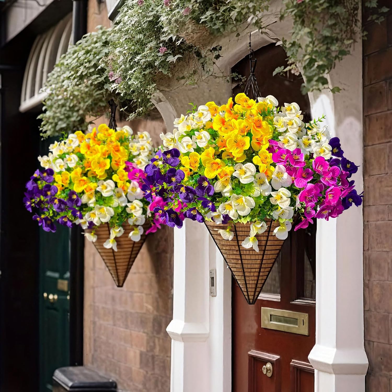 18pc Artificial Pansy Flowers for Outdoors,Silk Fake Flowers UV Resistant, Spring Flowers Artificial for Decoration,Outdoor Fake Plants for Door Porch Patio Planter Yard (Purple Yellow White Fuchsia） - Image 5