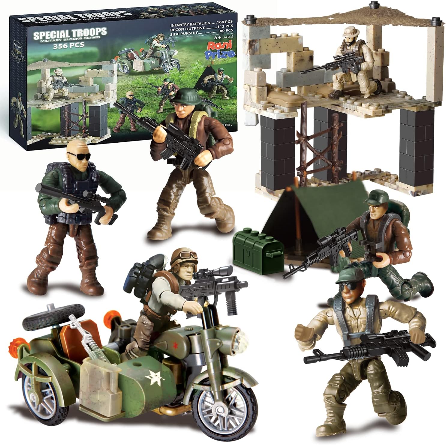 Army Men Action Figures for Boys - 3-in-1 Army Toys Building Sets with Infantry Battalion, Recon Outpost, Side Pursuit, Pretend Soldier Military Toys Gift for 6 7 8 9 10 11 12+ Boys Kids Girls, 356Pcs