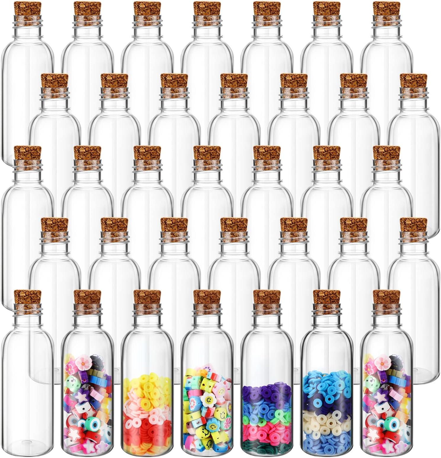 Lounsweer 50 Pack 2 oz Clear Plastic Sand Art Bottles with Cork Stoppers Sand Art Containers Jar with Lid Mini Potion Bottles for DIY Wedding Party Favors Wish and Message Bottle(Wood Color)