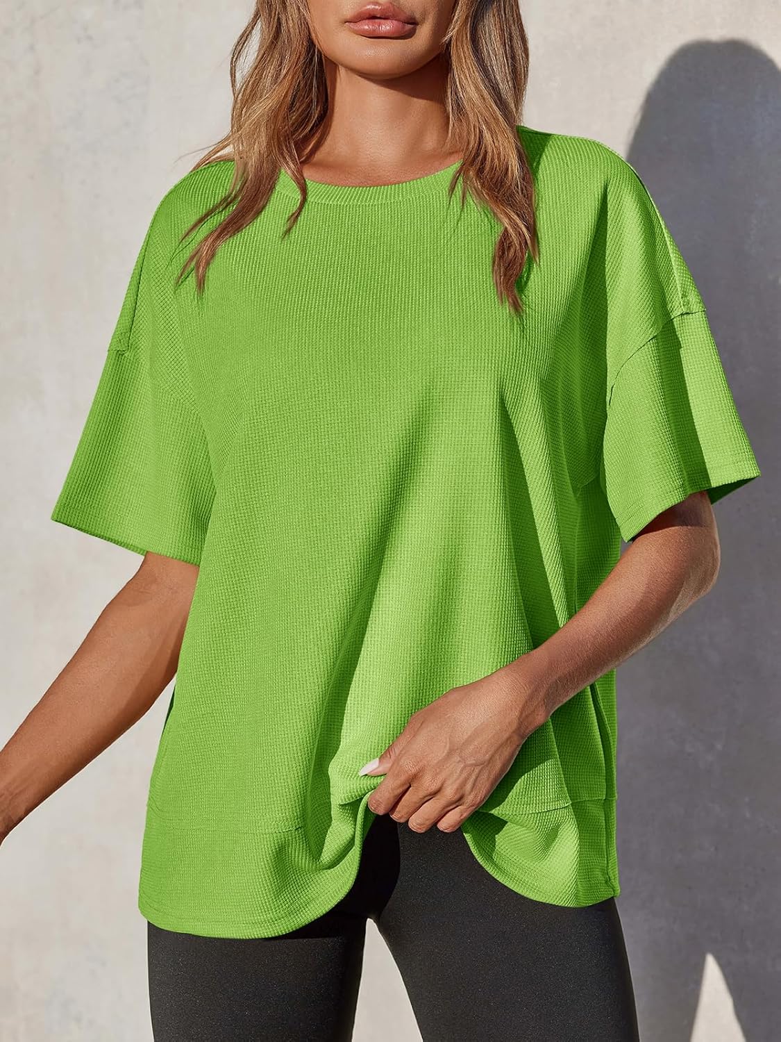 Tankaneo Womens Oversized Knit Tunic Tops Summer Casual Short Sleeve Round Neck T Shirt Loose Fit Side Split Waffle Tees - Image 3