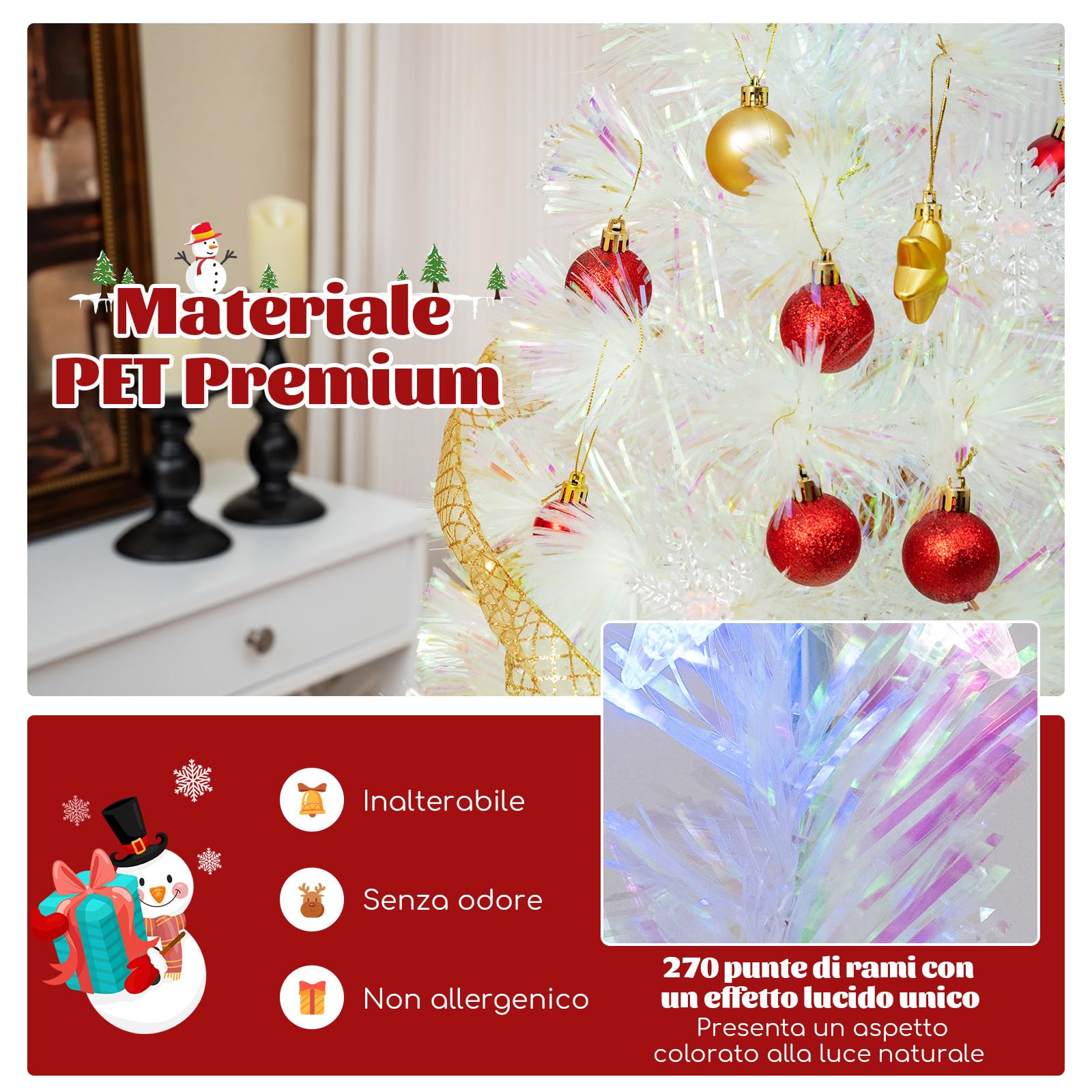 COSTWAY Albero di Natale Pre-illuminato in Fibra Ottica 120/150/180/210 cm, Albero di Natale Bianco con Foglie Iridescenti, Luci a LED a Fiocco di Neve Multicolore, Luce Superiore a Stella (210 CM)