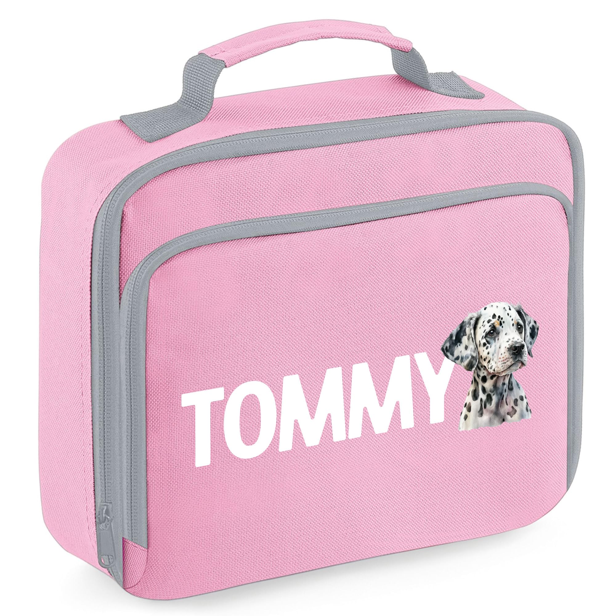 Personalised Dalmatian Lunch Box Kids Boys Girls Dog Puppy Back to School Accessories Toddlers, 24cm x 20cm x 8cm, Light Pink