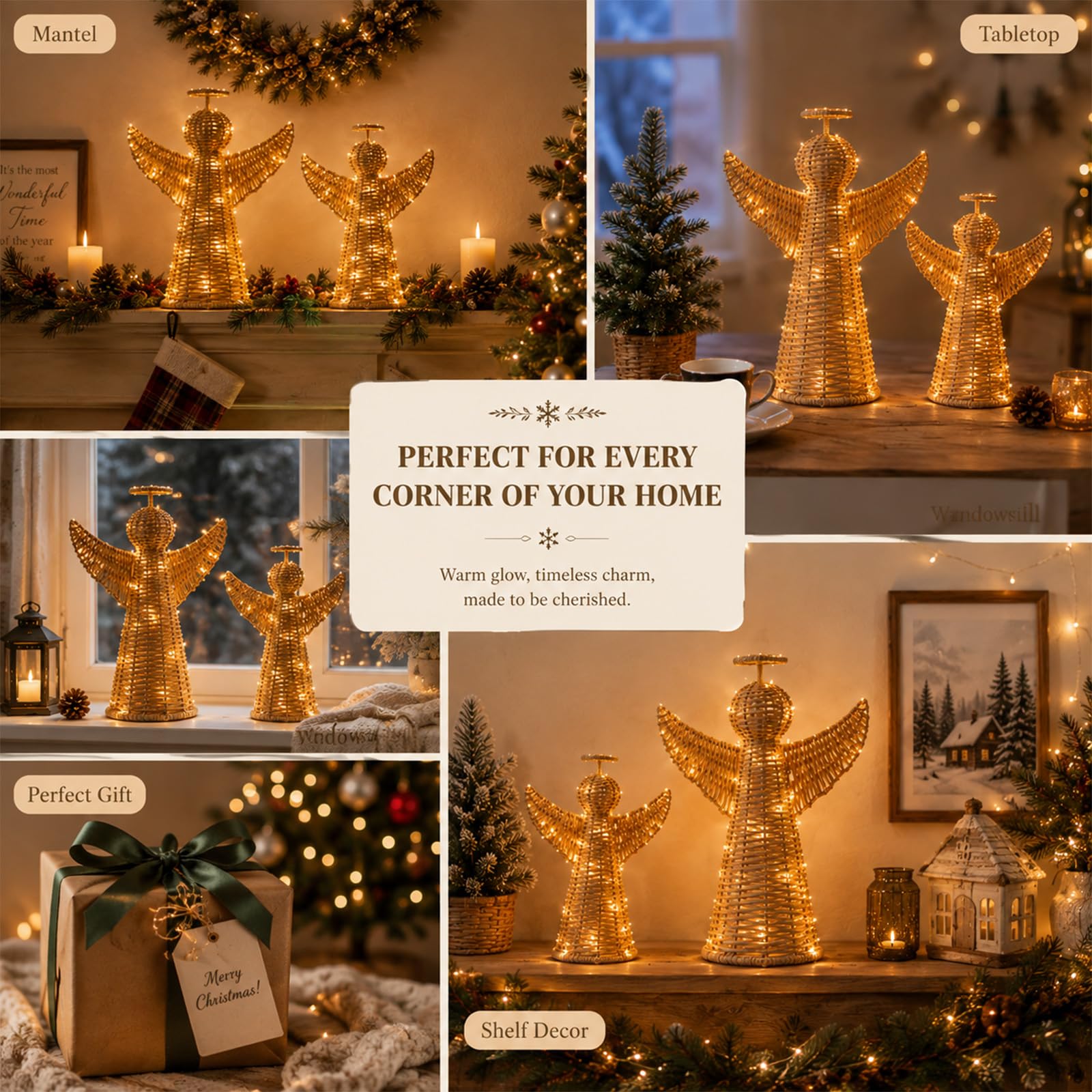 Yookeer 2 piezas de árbol de Navidad de ángel de ratán tejido con luces LED, adornos de mesa marrón natural hechos a mano para decoración rústica de vacaciones
