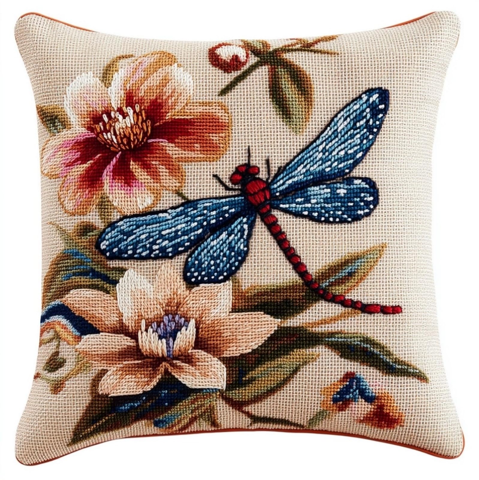 WallustrioaW 11CT Cross Stitch Pillow Kit,Lotus Flowers and Dragonflies Cushion Embroidery Kit Cross Stitch Cushion Cover pre Printed Handmade Cover 18x18in