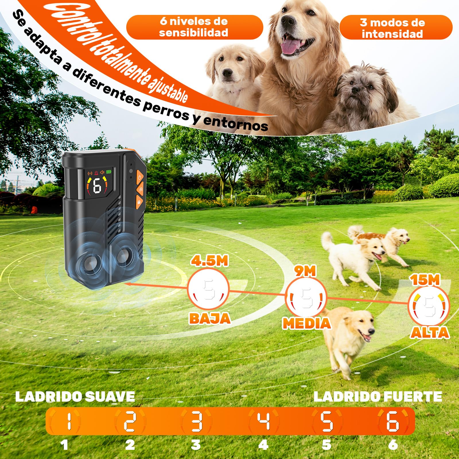 Antiladridos para Perros Dispositivo con AI Inteligente Interior Exterior, Ultrasonidos para Perros, Ahuyentador De Perros Ultrasonidos, 6x3 Ajustable, Doble Emisor IPX6 Recargable