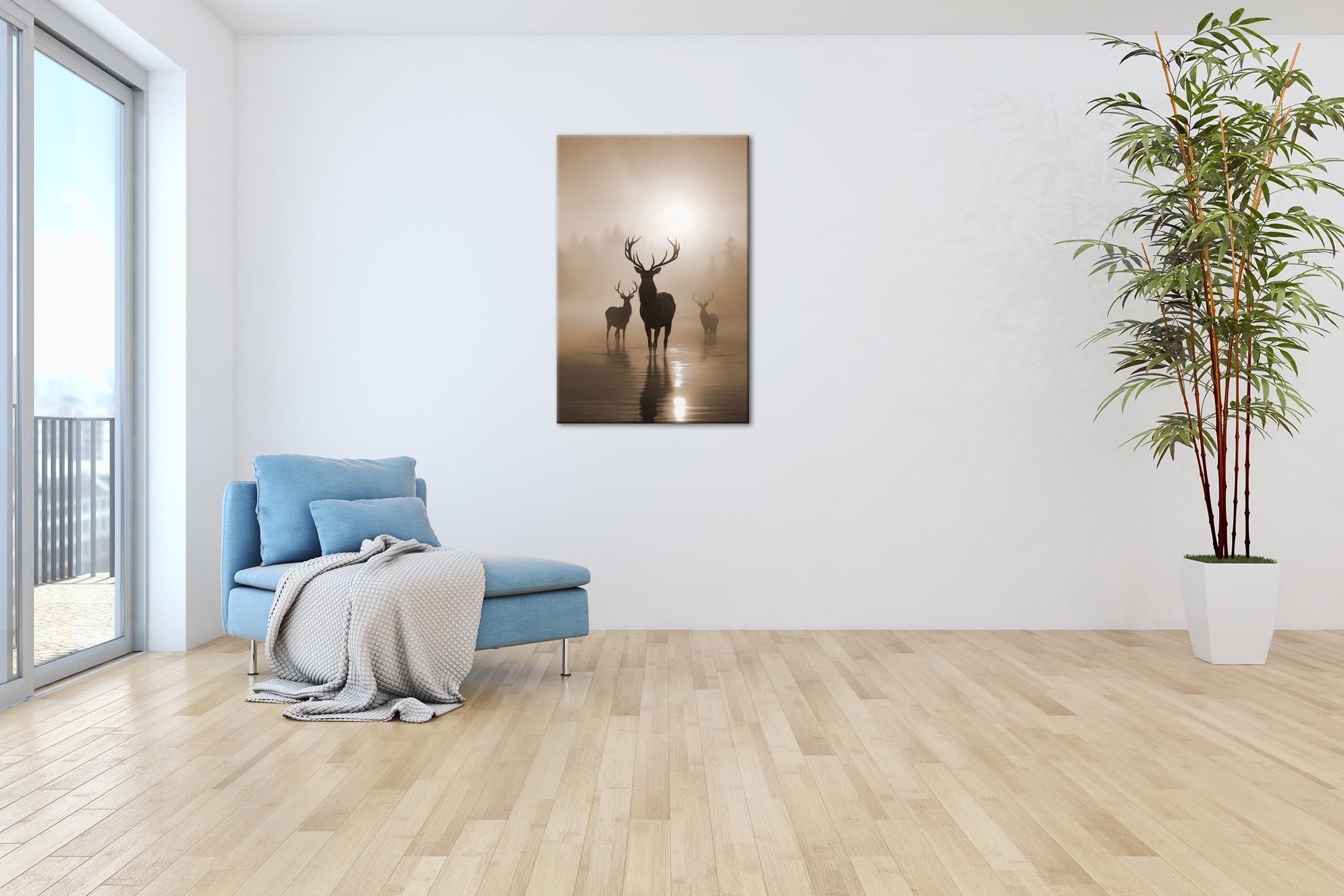 deyoli Silhouetten im Morgendunst – Hirsche im goldenen Nebel Format: 120x80cm Effekt:Sepia XXL Kunstdruck Motiv auf Holzrahmen/Leinwandbild/Wandbild/Wohnzimmer Dekoration