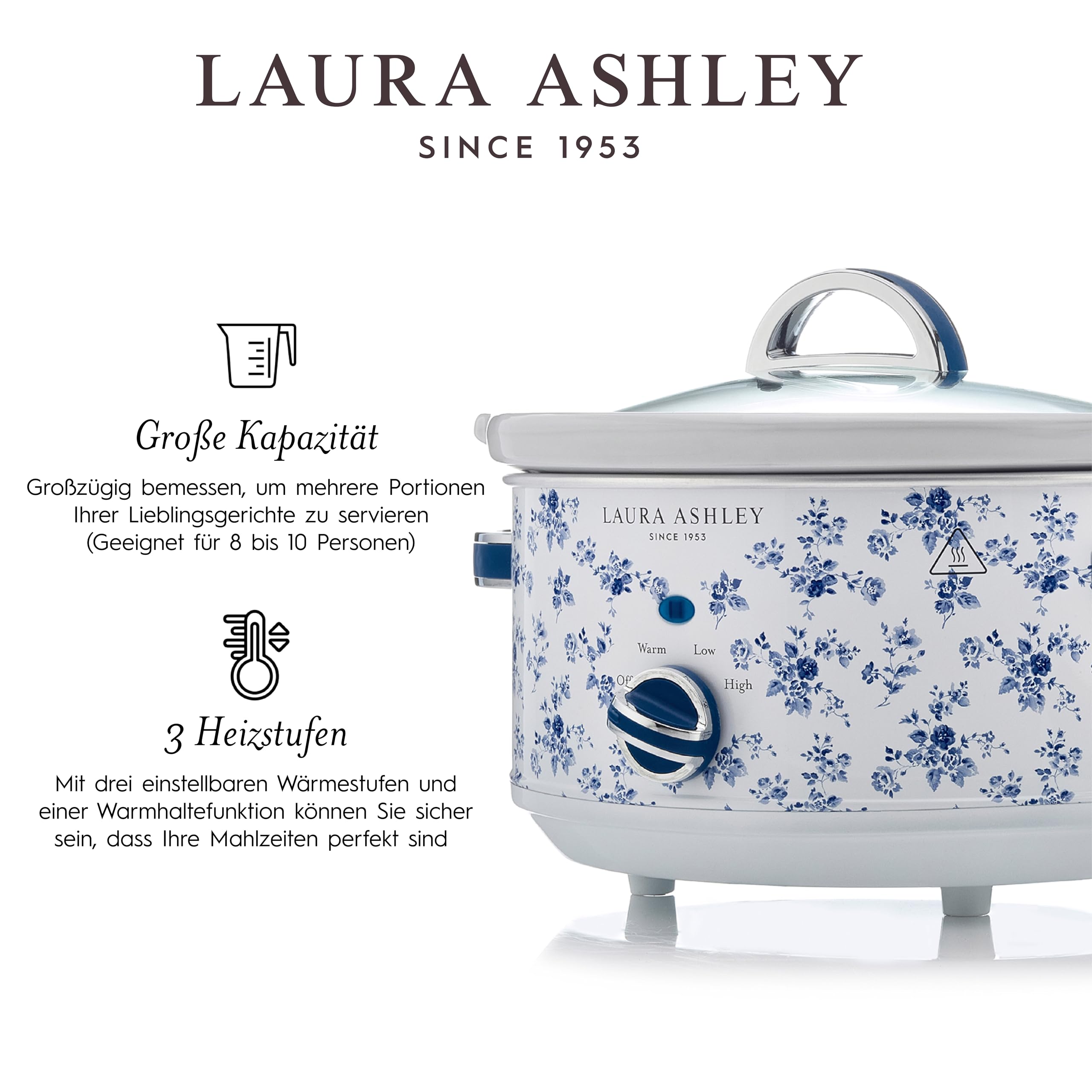 Laura Ashley 6,5 Liter Schongarer mit China Rose Print von VQ - Slowcooker für 8 bis 10 Personen, Energieeffizient, mit 3 Heizstufen und Einem gehärteten Glasdeckel zur Einfachen Überwachung