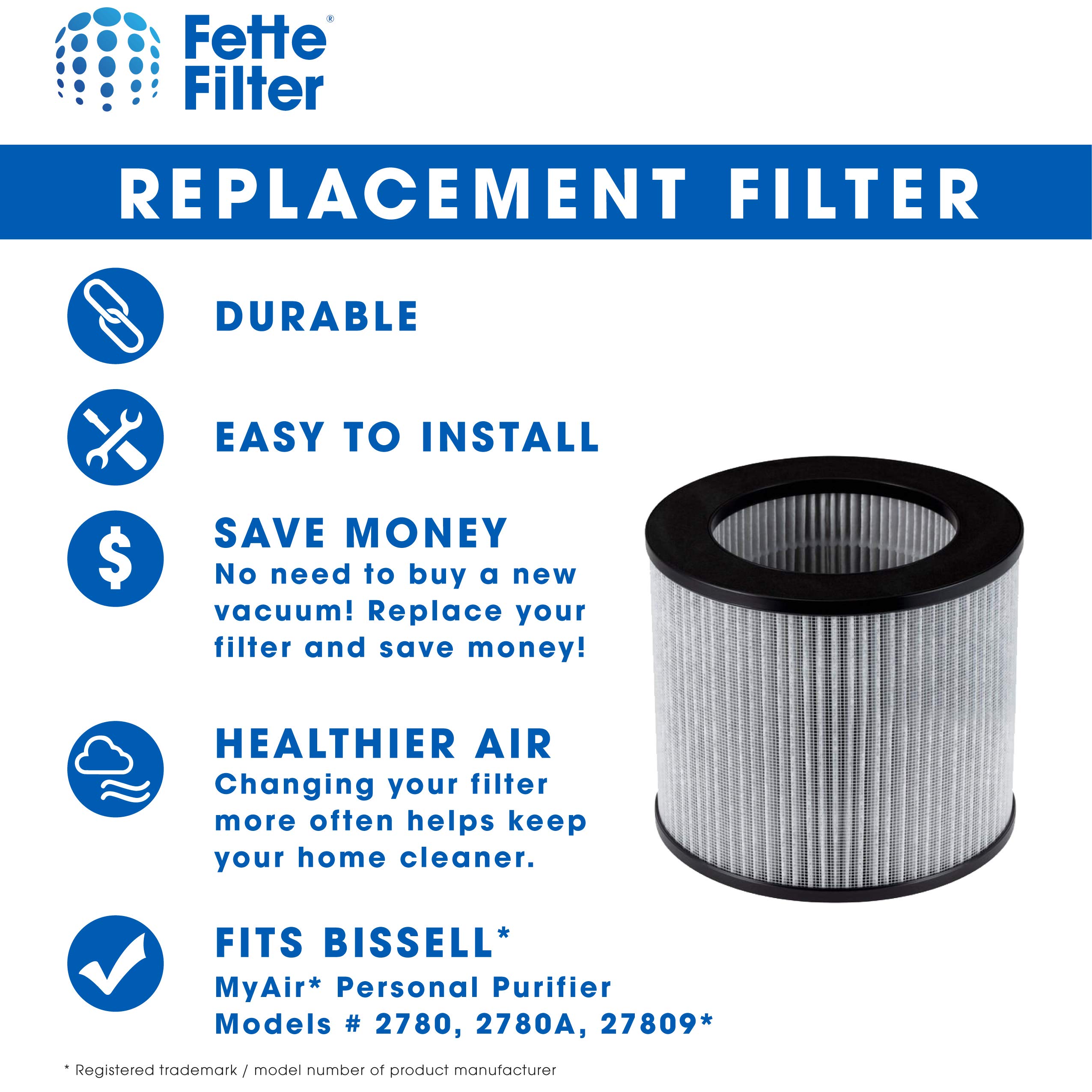 Fette Filter - 2801 Replacement Filter Compatible with Bissell 2801 High Efficiency and Carbon Filter for Bissell MyAir Personal Purifier Models # 2780A 2780 27809 3329 2780P 2780B - Pack of 1