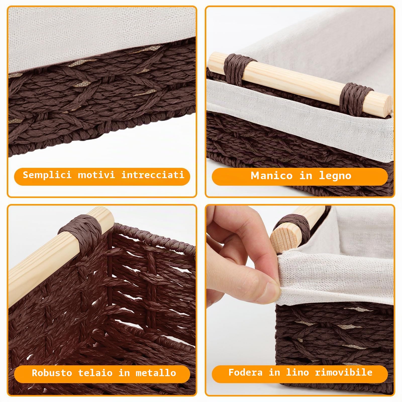 Cestini Bagno Portaoggetti, Set di 2 Cesto Portaoggetti Intrecciato con Maniglia, Cestino Vimini Piccolo, Scatola di Stoccaggio del Bagno, Impilabile, Adatti per Bagno, Camera da Letto e Armadi
