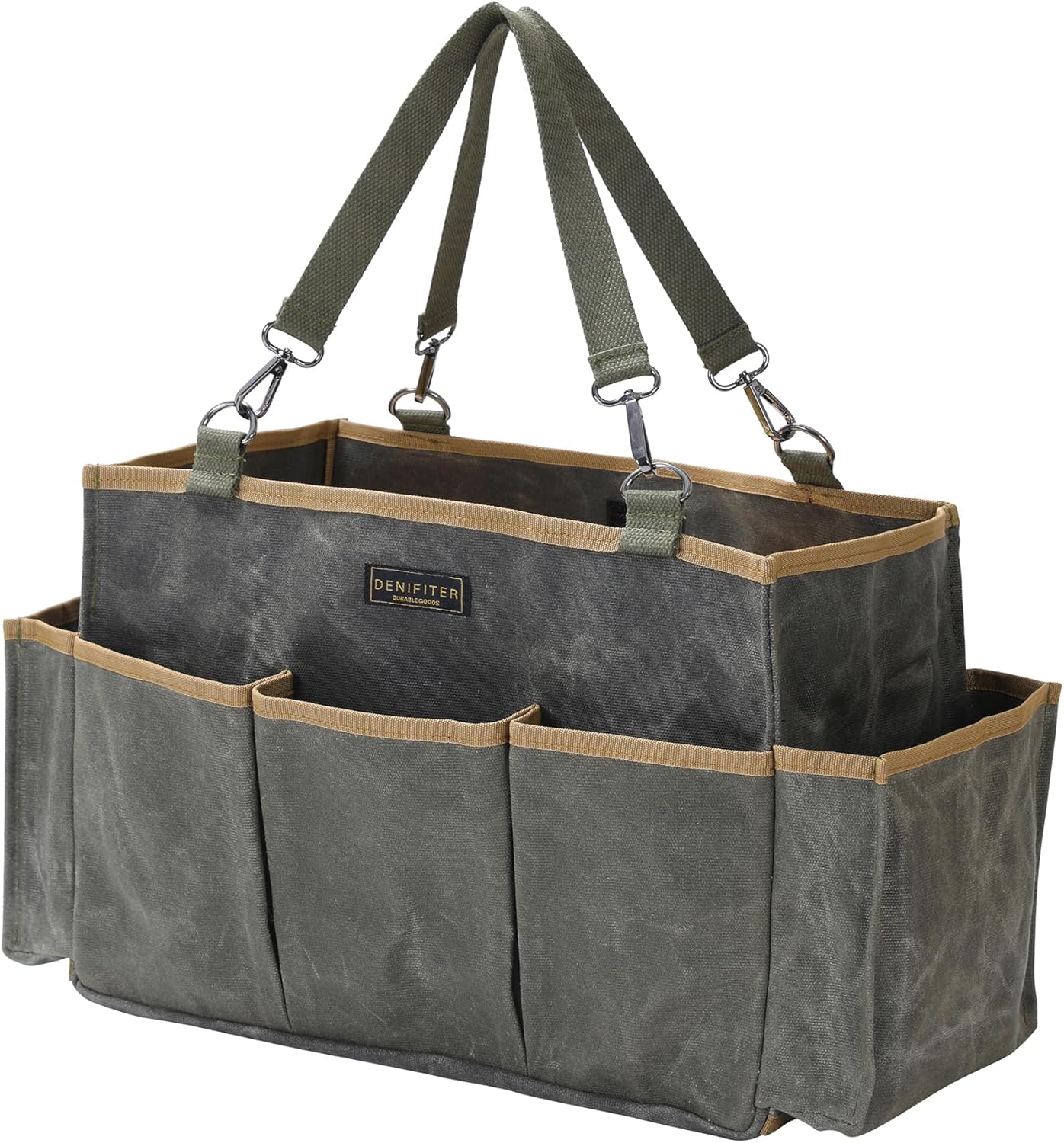 Waxed Canvas Tool Pouch,Garden Tool Bag Organizer with 8 External Pockets & Removable Handle, 15 X 9.8 X 7.8 inch Muti-Purpose Tool Bag with Adjustable Shoulder Strap | ArmyGreen