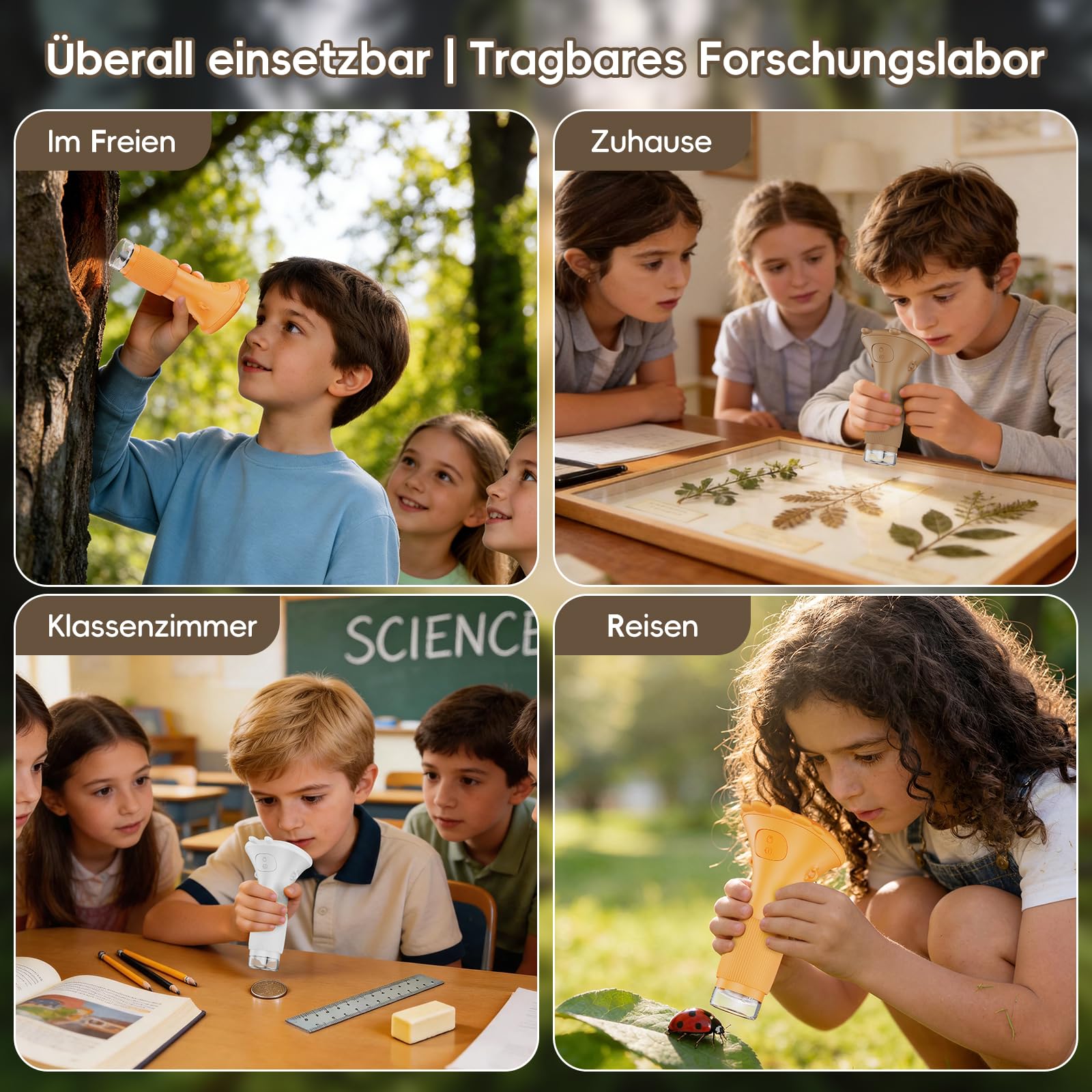 Mikroskop für Kinder - Tragbares Kinder Mikroskop 1000X, Braun | 1000X Taschenmikroskop mit Digitalem HD-Bildschirm [Inkl Fotofunktion] für Garten, Wald, Experimente & Geschenk, Kinder