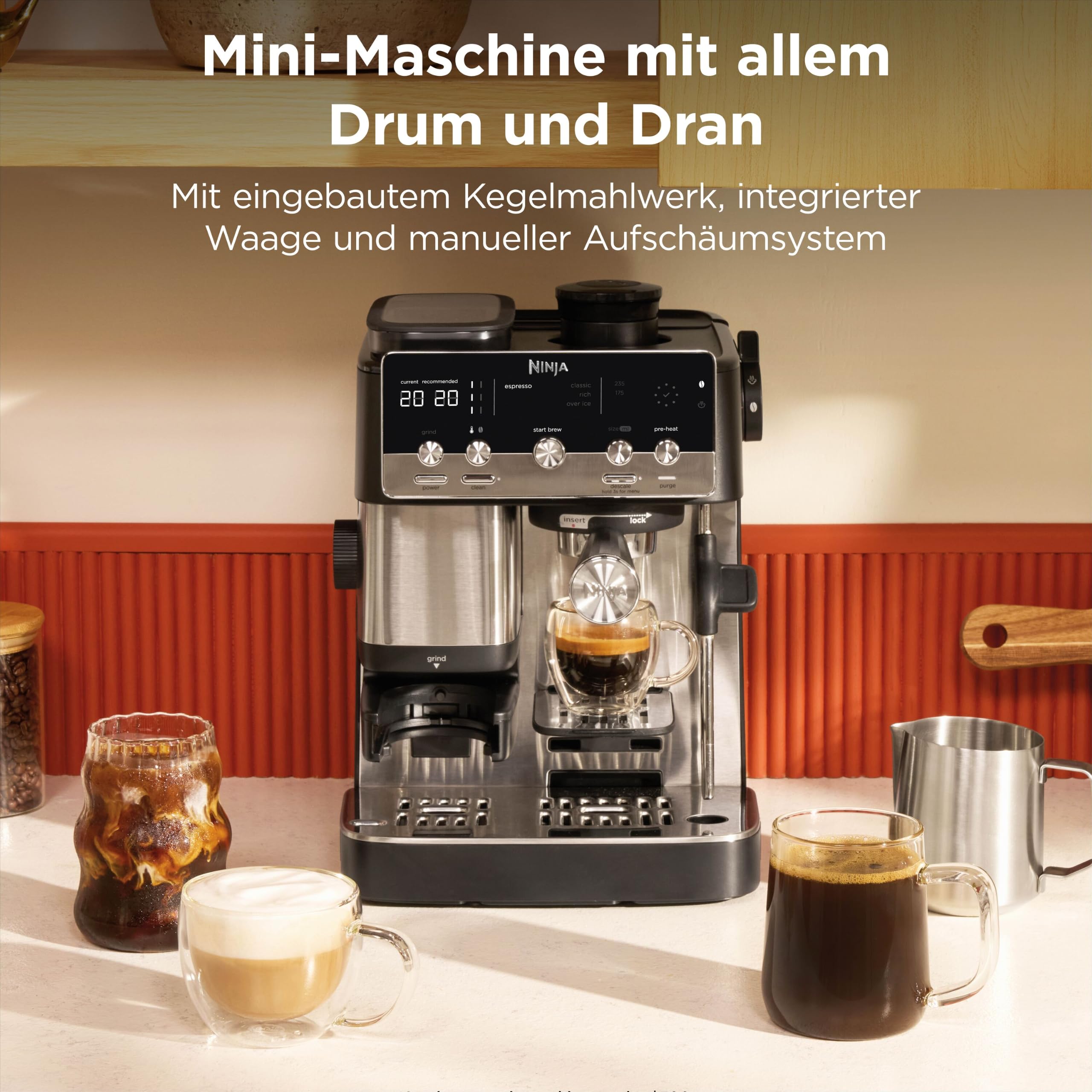 Ninja Luxe Café Mini 2-in-1-Espresso- und Filterkaffeemaschine mit integriertem Mahlwerk und manuellem Milchaufschäumer ES301EU