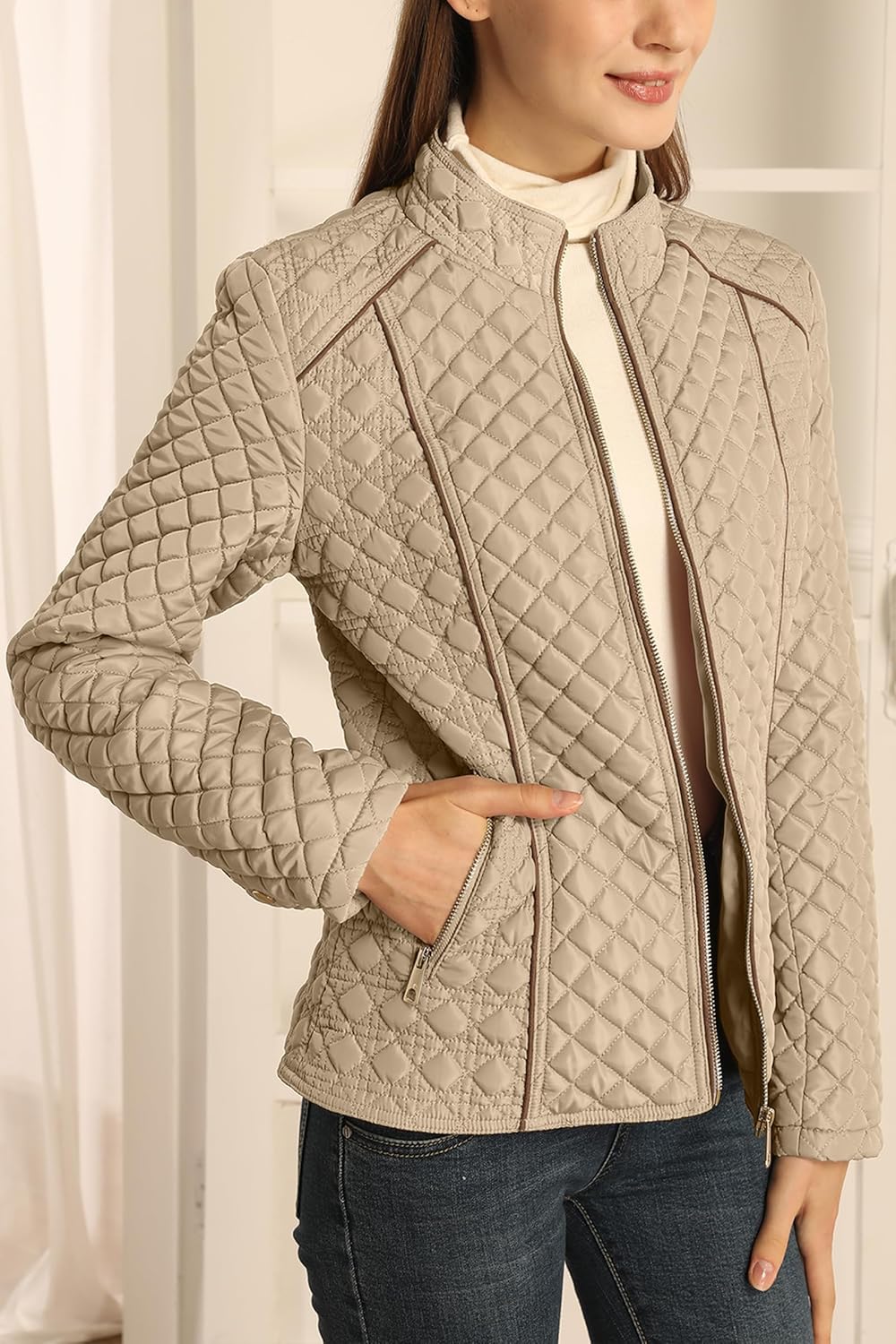 Bellivera Women's Stand Collar Lightweight Quilted Puffer Jacket Padded Zip Coat for Spring and Winter - Image 4