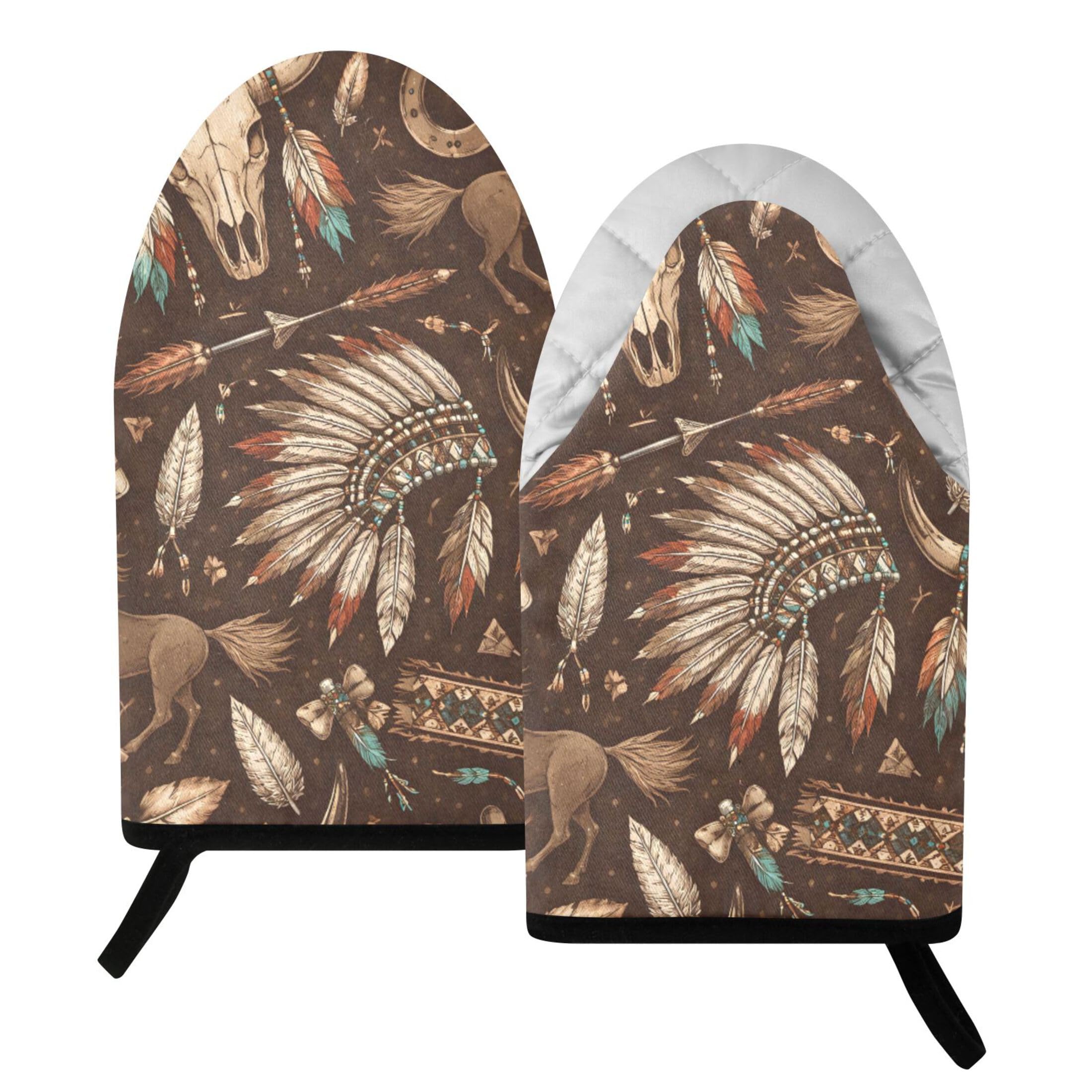 Fuauuyl Oven Mitts Heat Resistant Kitchen Gloves, Tribal Western Cow Skull Classic Oven Gloves with Hanging Loop for Baking BBQ Cooking Grilling, 1 Pair, 9.5 in