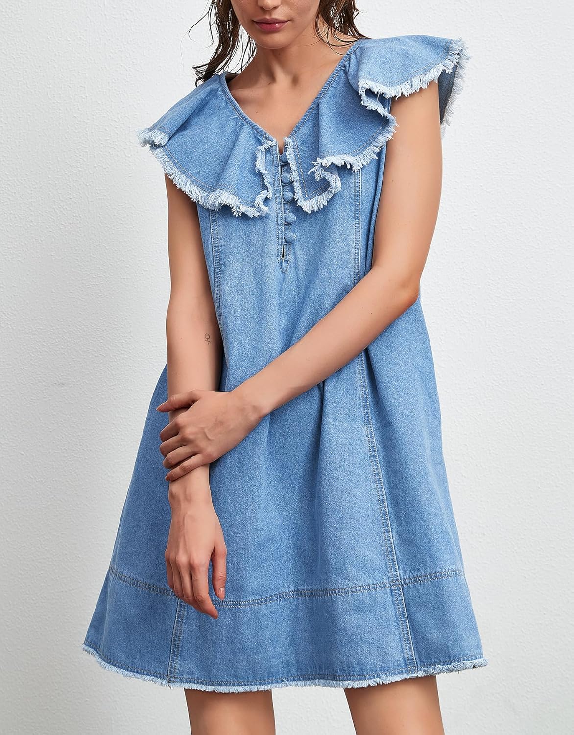 Kedera Denim Summer Dresses for Women Ruffle Short Sleeve V Neck Mini Jean Dress Romper Babydoll Jean Sundress - Image 5