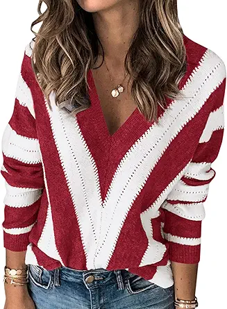 PRETTYGARDEN Sweaters for Women 2025 Long Sleeve Striped Knitted V Neck Pullover Jumper Tops Fall Outfits Fashion Clothing