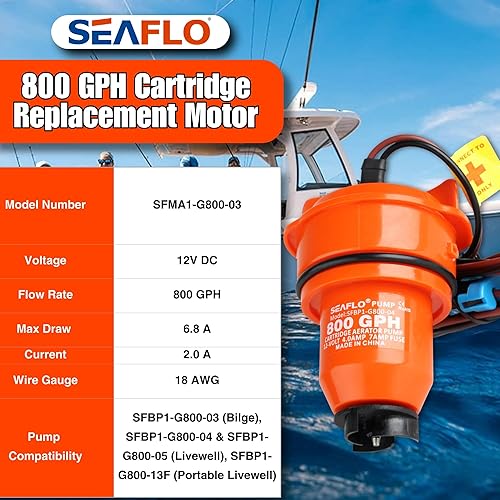Miniatura 2 de SEAFLO Motor de cartucho de repuesto para bomba de sentina, LivewellBaitwell de 12 V, 800 GPH, compatible con los modelos SEAFLO SFBP1-G800-03,