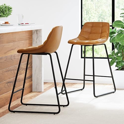 LUE BONA Juego de 2 taburetes de bar tapizados con patrón a cuadros, sillas de bar de piel sintética de 24 pulgadas con patas de metal para la isla