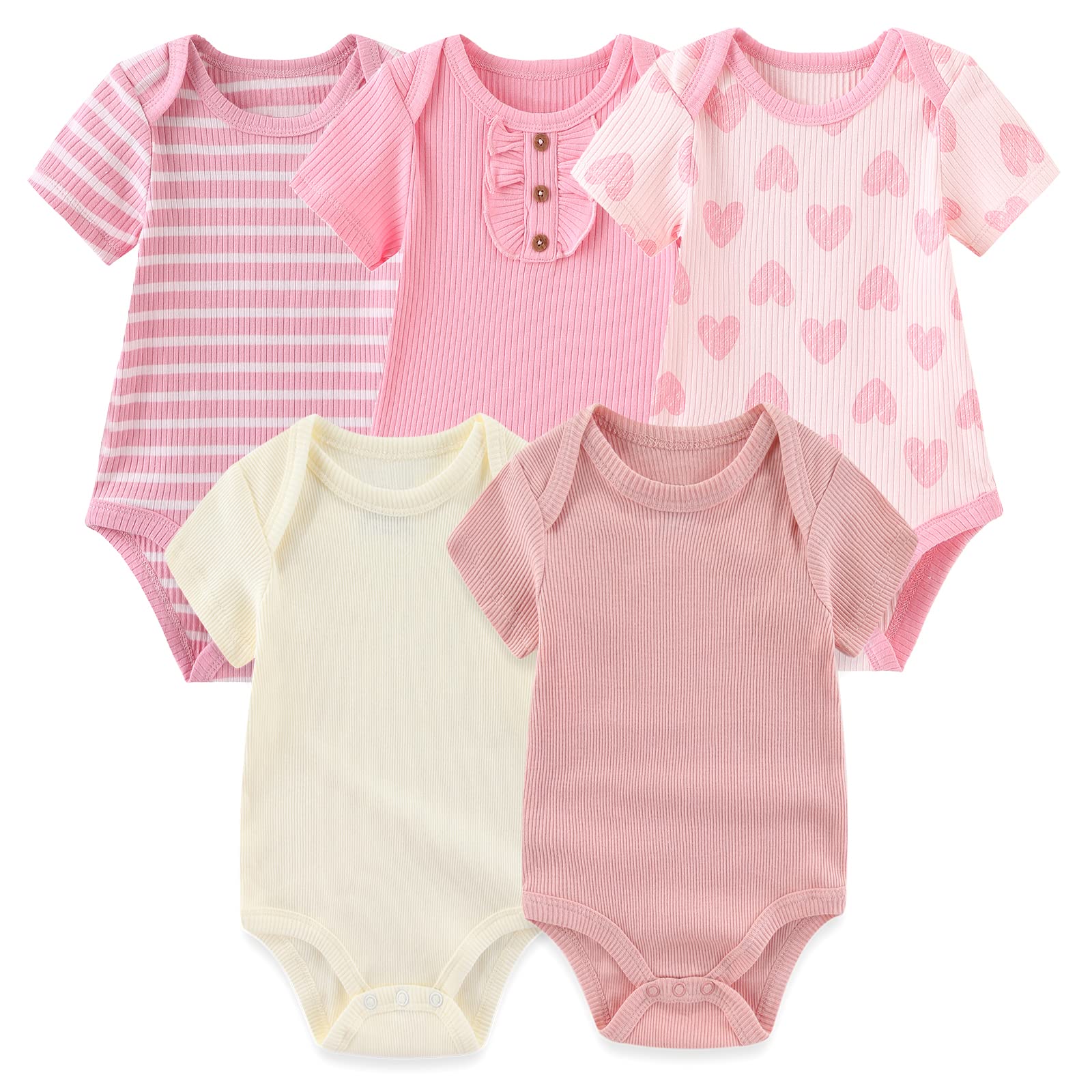 MAMIMAKA Newborn Baby Short Sleeve Bodysuit Cotton One-Piece Baby Clothes 5-Pack, 0-12 Months Five Piece Bodysuits-1 0-3 Months