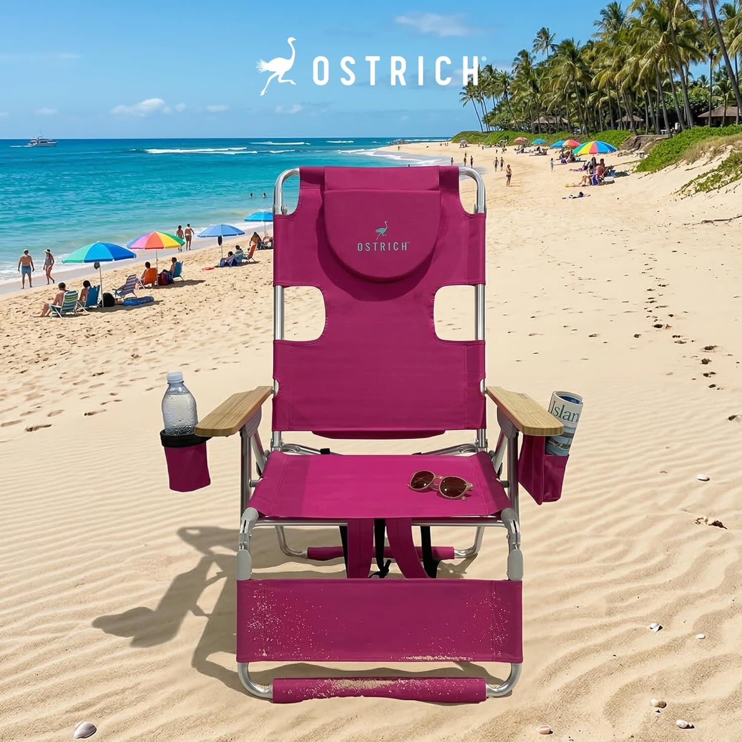 Ostrich the Woody Backpack 3N1 Portable Chair with Cooler Bag and Reclining Lounger for Tanning, Camping, Beach, and Outdoor Essential, Pink