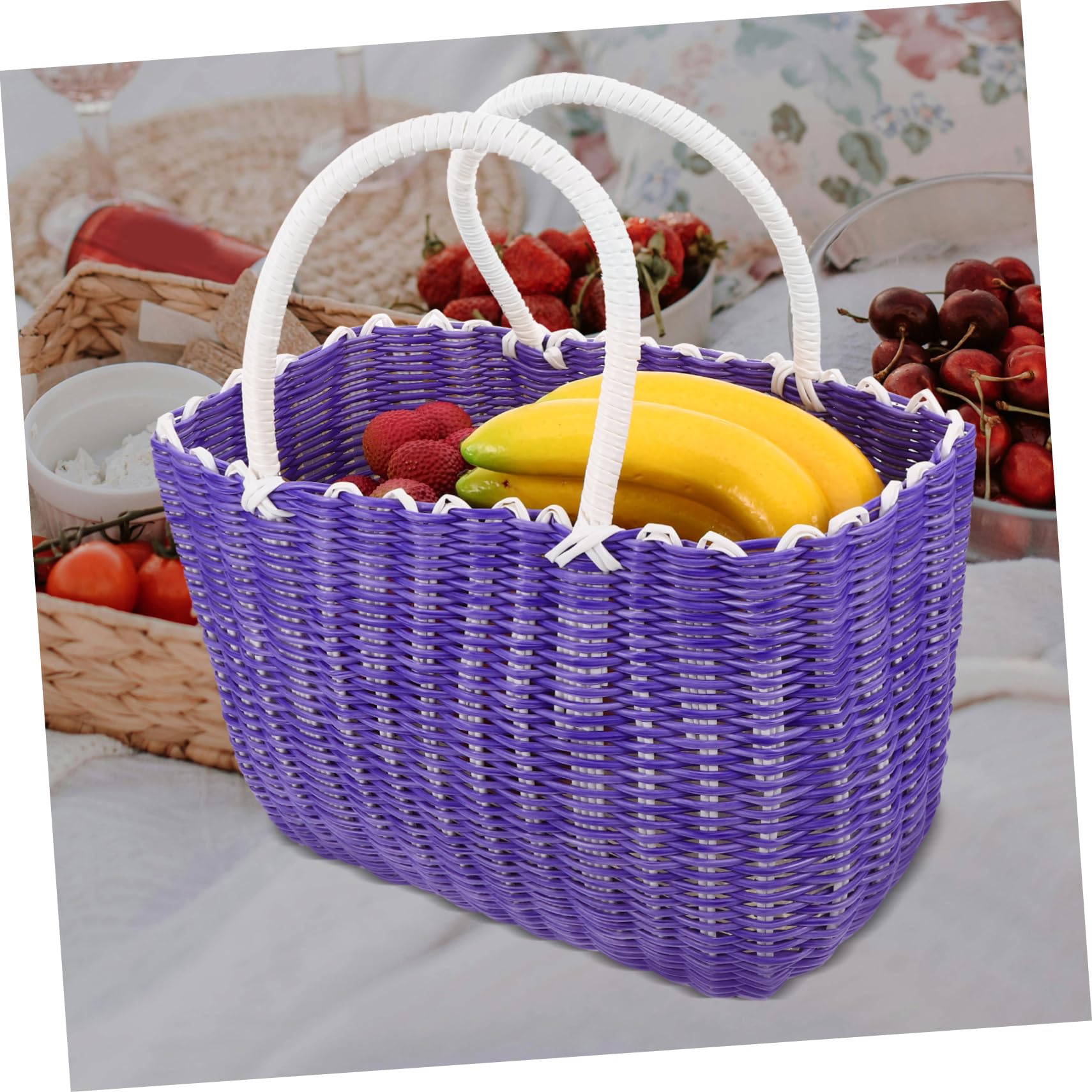 Outanaya Bolsa Reutilizable De Gran Capacidad Cesta Tejida De Plástico Con Asas Para Mercado Camping y Picnics Color Fantasía Grande