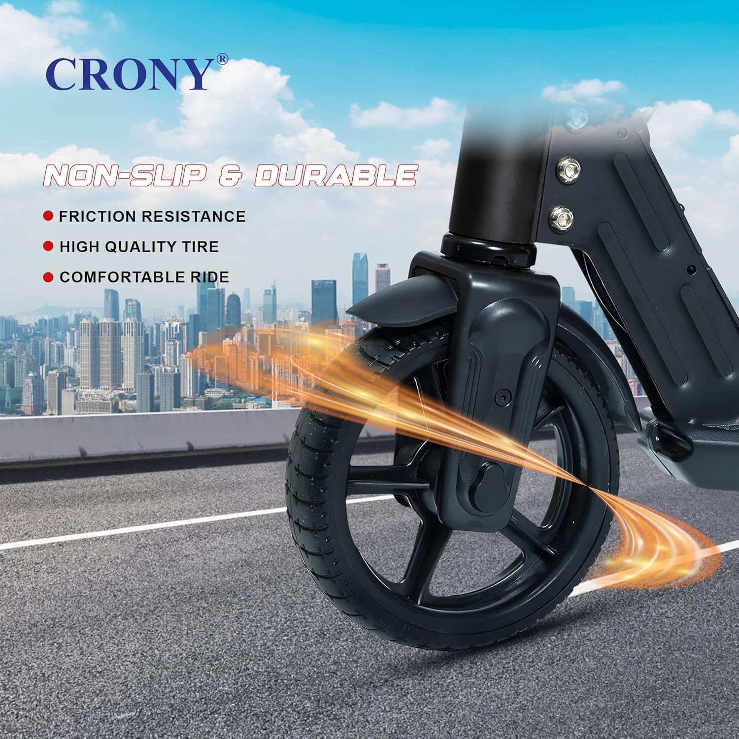 Close-up of the CRONY S32 E-Scooter front wheel and deck, highlighting non-slip and durable features, friction resistance, high-quality tire, and comfortable ride.