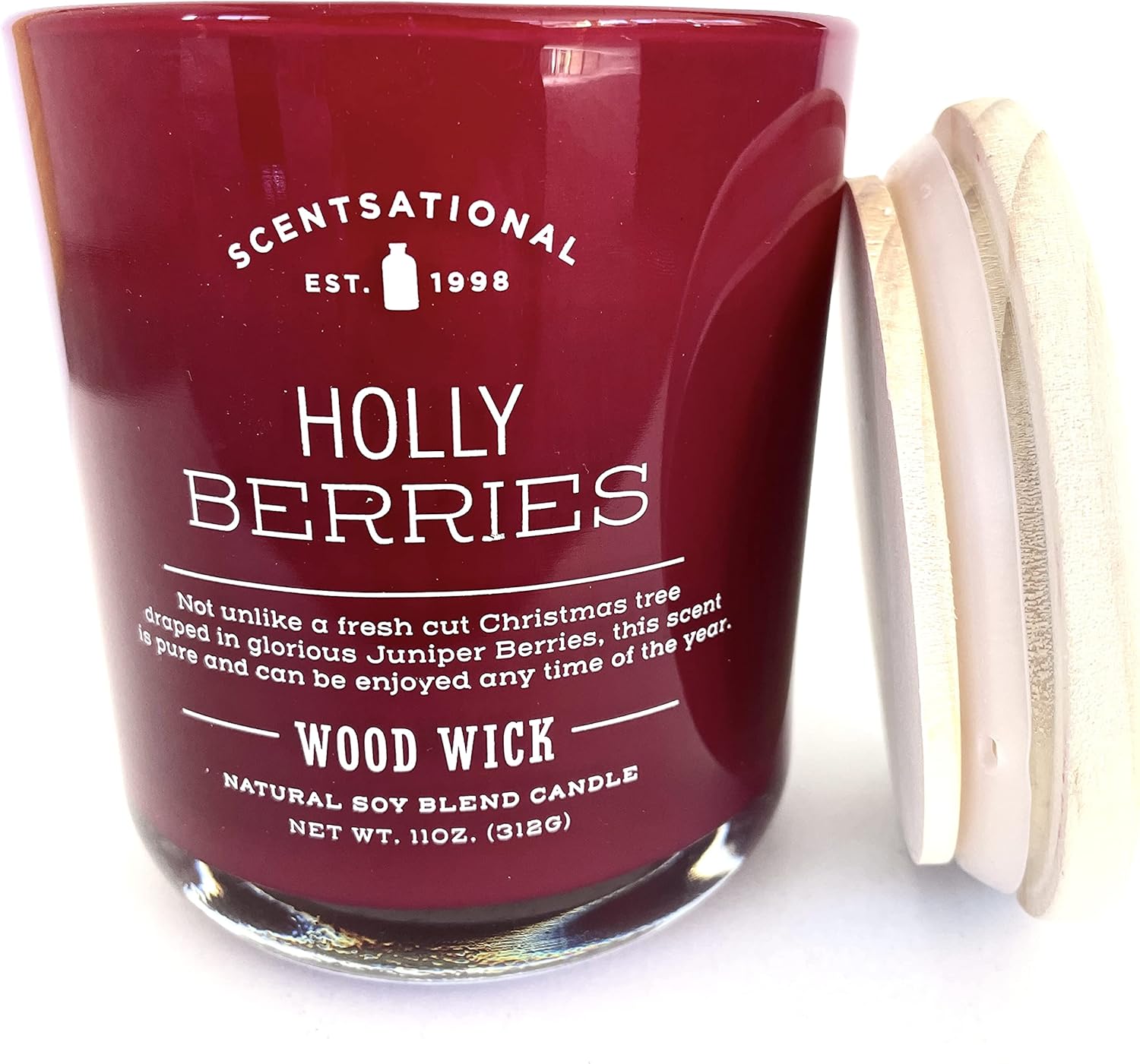 Scentsational Holly Berries Scented Natural Soy Wax Blend Holiday Jar Candle with Wood Wicks, 11oz, Red
