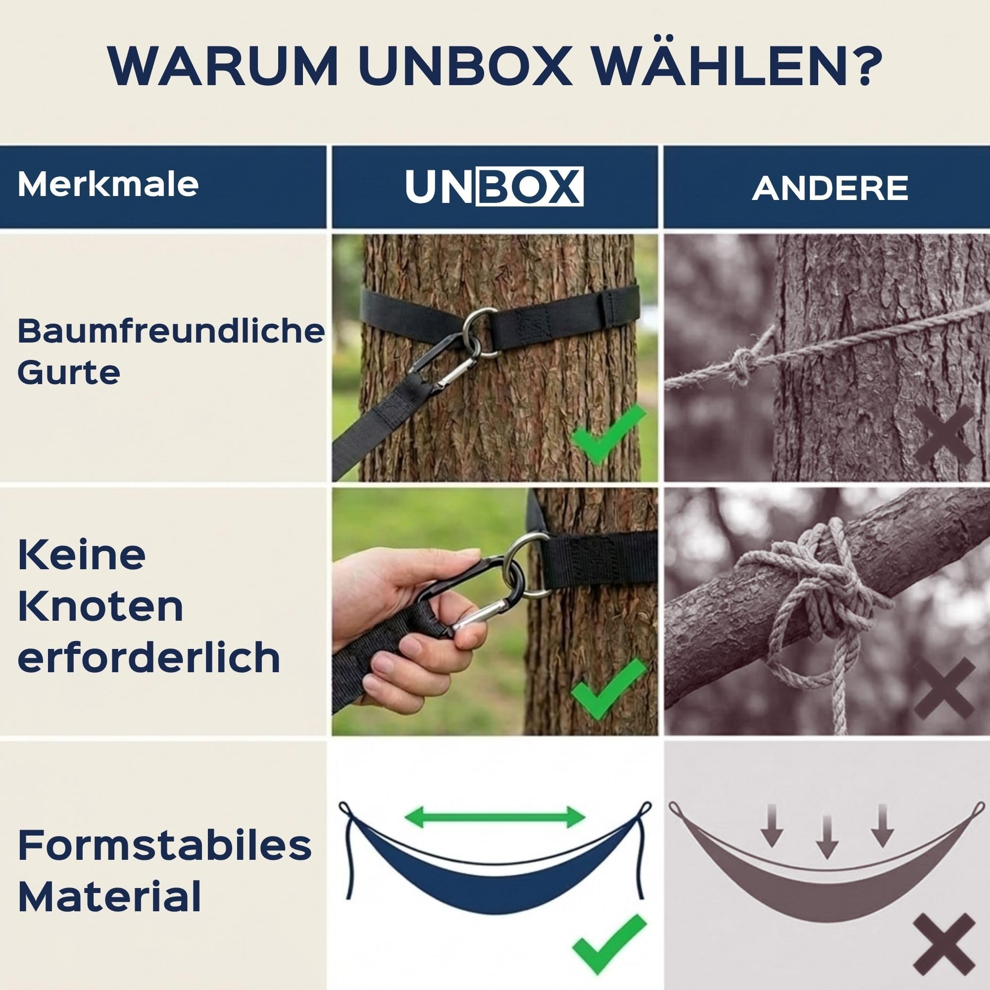 UNBOX Hängematte Outdoor Baumwolle mit Holzstange - 250x180cm, Tragkraft 300kg, mit Baumfreundlichen Gurten & Tragetasche - Ideal für Garten, Camping, Balkon & Terrasse