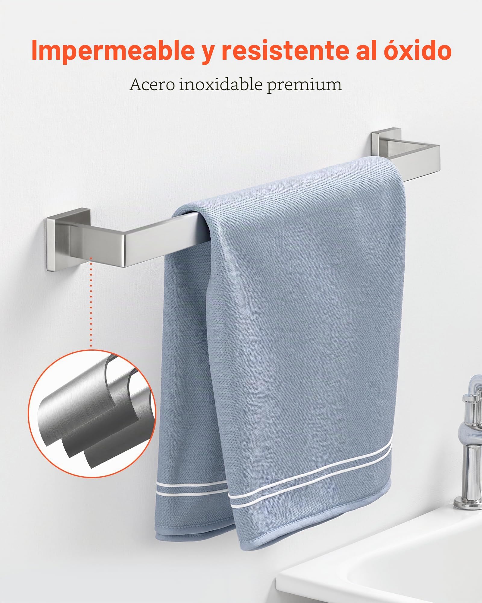 VEVOR Juego de Accesorios de Baño, Acero Inoxidable 304, con Toallero y Toallero Anillo Cuadrado, 2 Ganchos y Portarrollos de Papel Higiénico, para Baño, en Pared, 598 x 50 x 80 mm, Plata, 5 uds