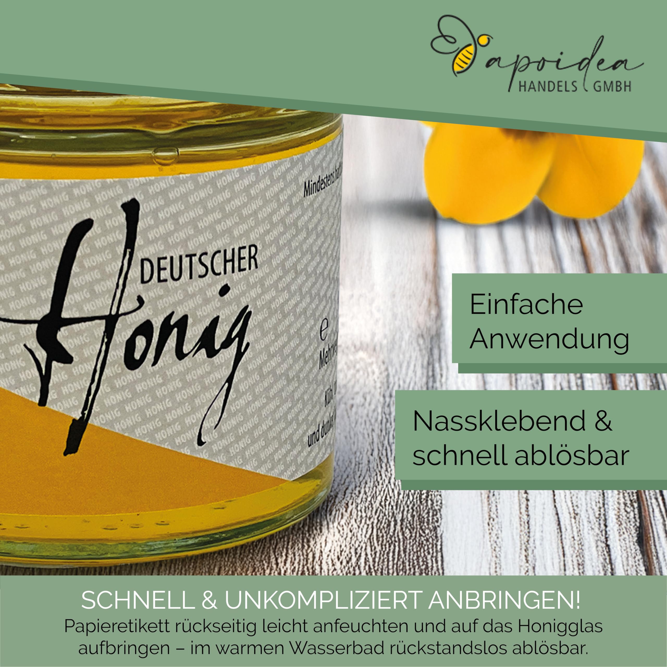 Apoidea – Honig Etiketten 500 g nassklebend – 100 Stück zum Stempeln/Etiketten Honiggläser/Honig Aufkleber für selbstgemachten Honig/Honigetiketten für Honiggläser